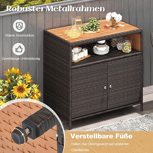 COSTWAY Gartenschrank Rattan, Terrassenschrank mit Akazienholz-Arbeitsplatte, offenem Fach und Doppeltür, Outdoor Aufbewahrungsschrank für Garten, Terrasse, 90 x 53 x 86 cm (Braun) - 2
