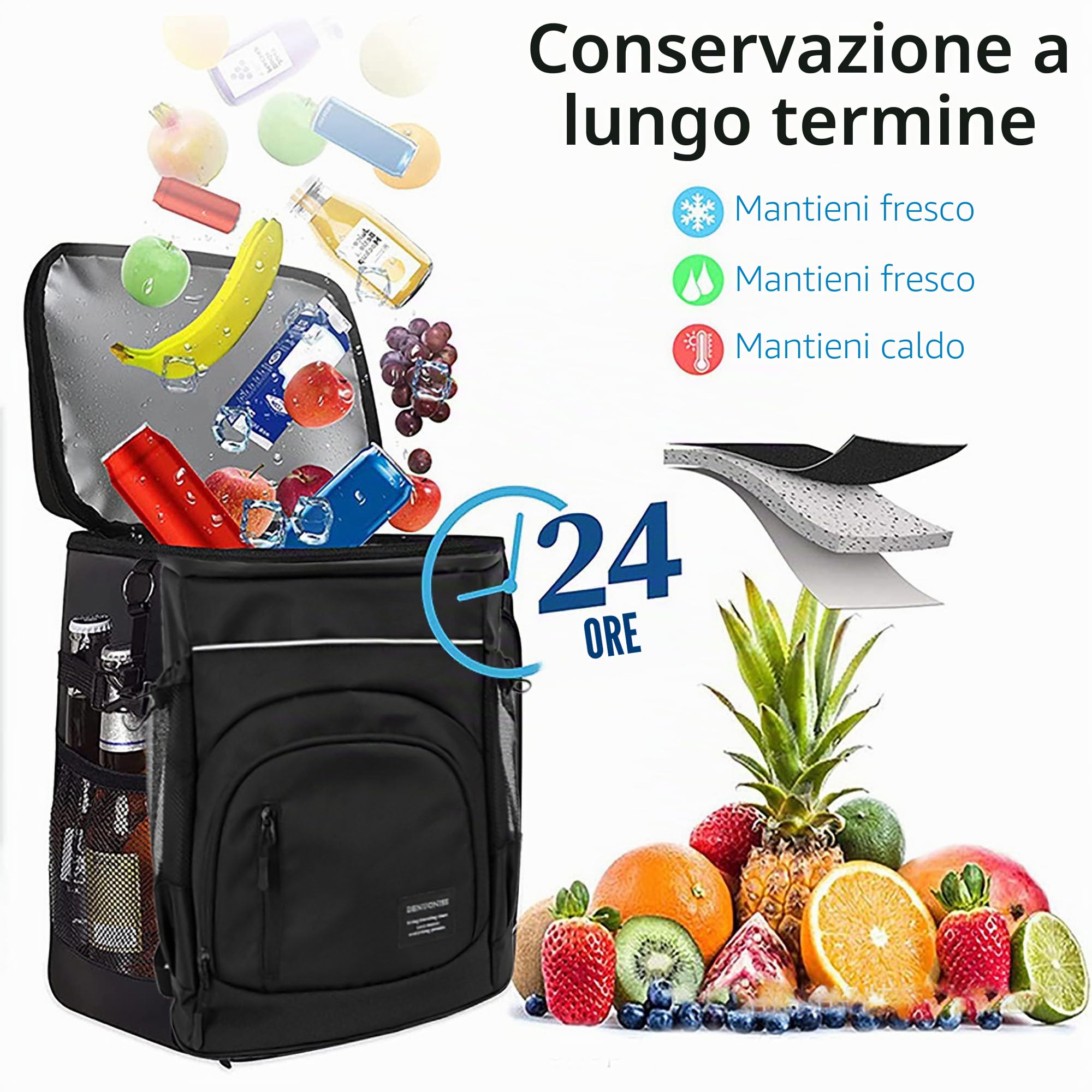 Zaino Pic Nic Termico Borsa Frigo 30L Borsa Termica da Viaggio Portatile per Picnic, Campeggio e Spiaggia (Nero)