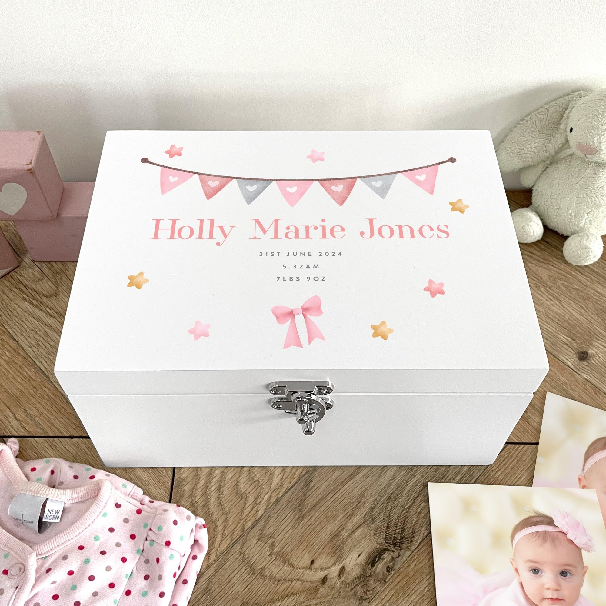 Caja de recuerdos de madera blanca con guirnalda rosa personalizada para baby shower, nuevo bebé, 27 x 19 x 14 cm