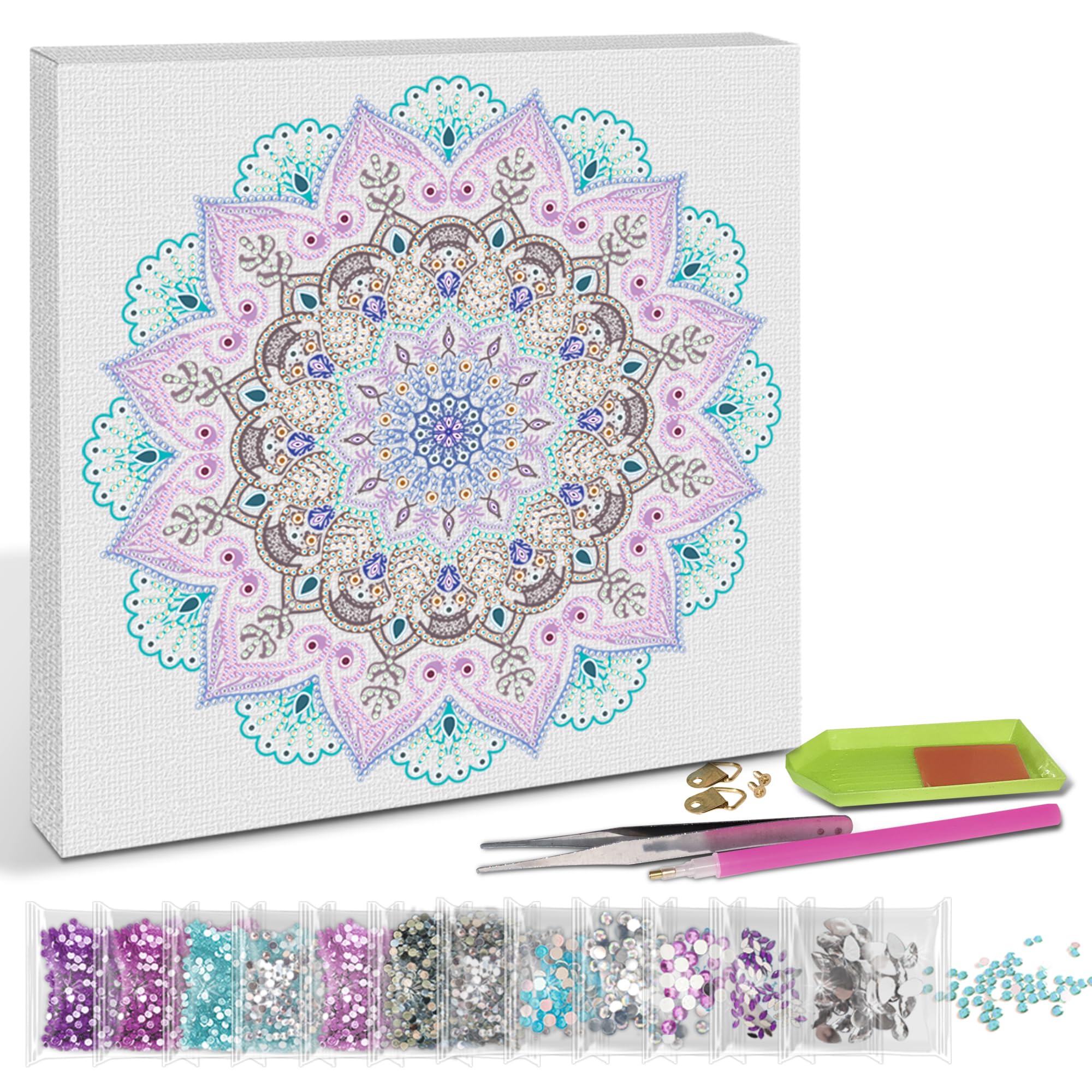 Ursus 43520012F - Diamond Painting Mandala Set 12, zestaw rzemieślniczy z płótnem i kamieniami w odcieniach fioletu, zieleni i błękitu