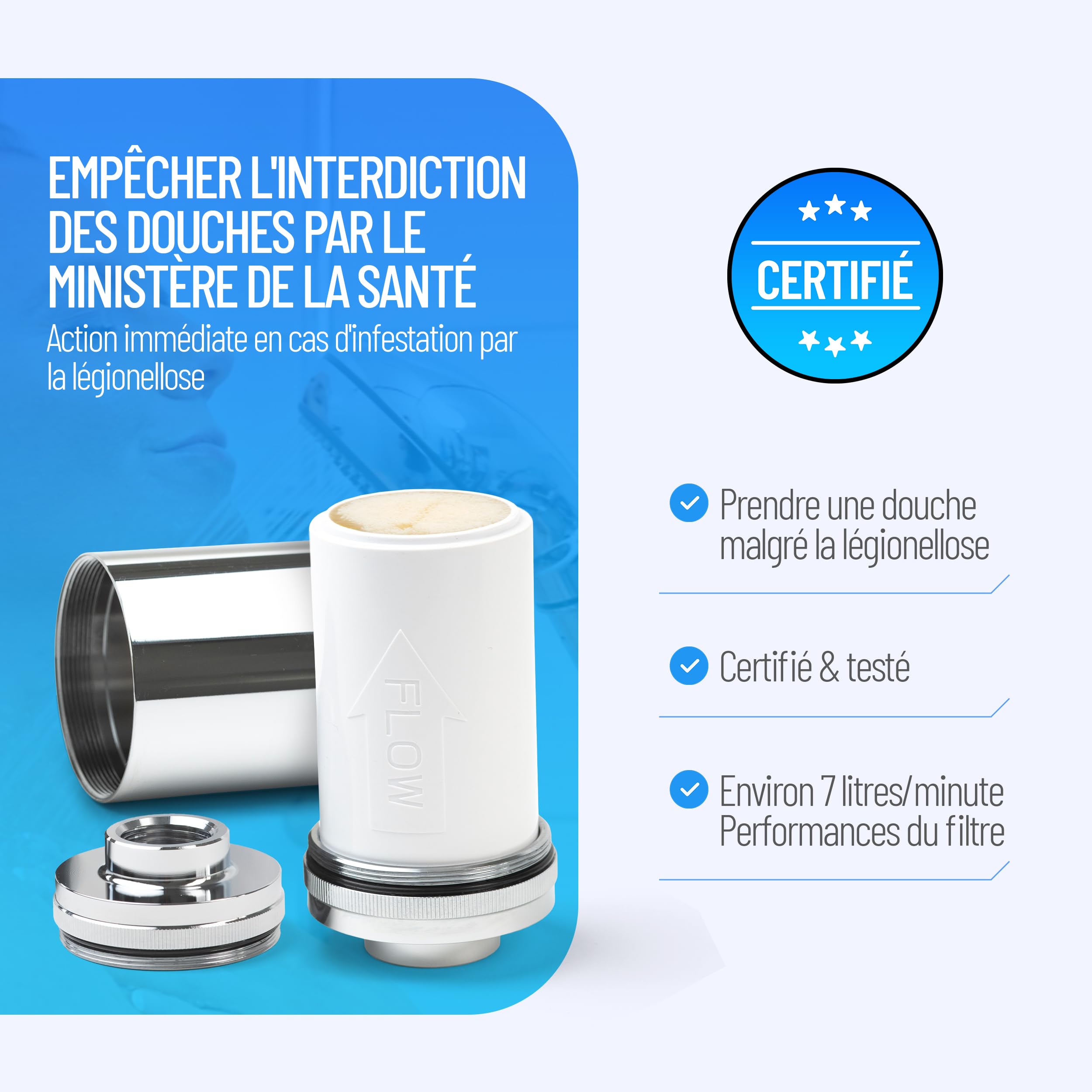 Filtre anti-légionellose douche baignoire Longlife | certifié | protection immédiate | esthétique & discret