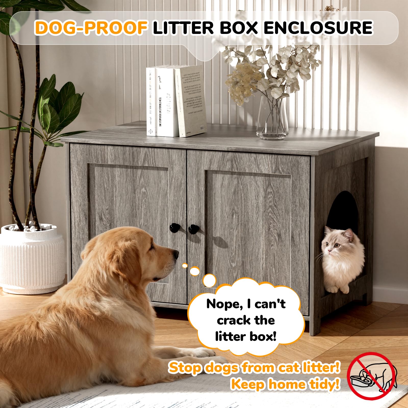 Cat Litter Box Enclosure Furniture Dog Proof, Hidden Kitty Washroom Low Entry, Wooden Cat Boxes Enclosure Odor Control for Home, Farmhouse Style Decorative Cabinet with Storage,Oak Grey - image 2