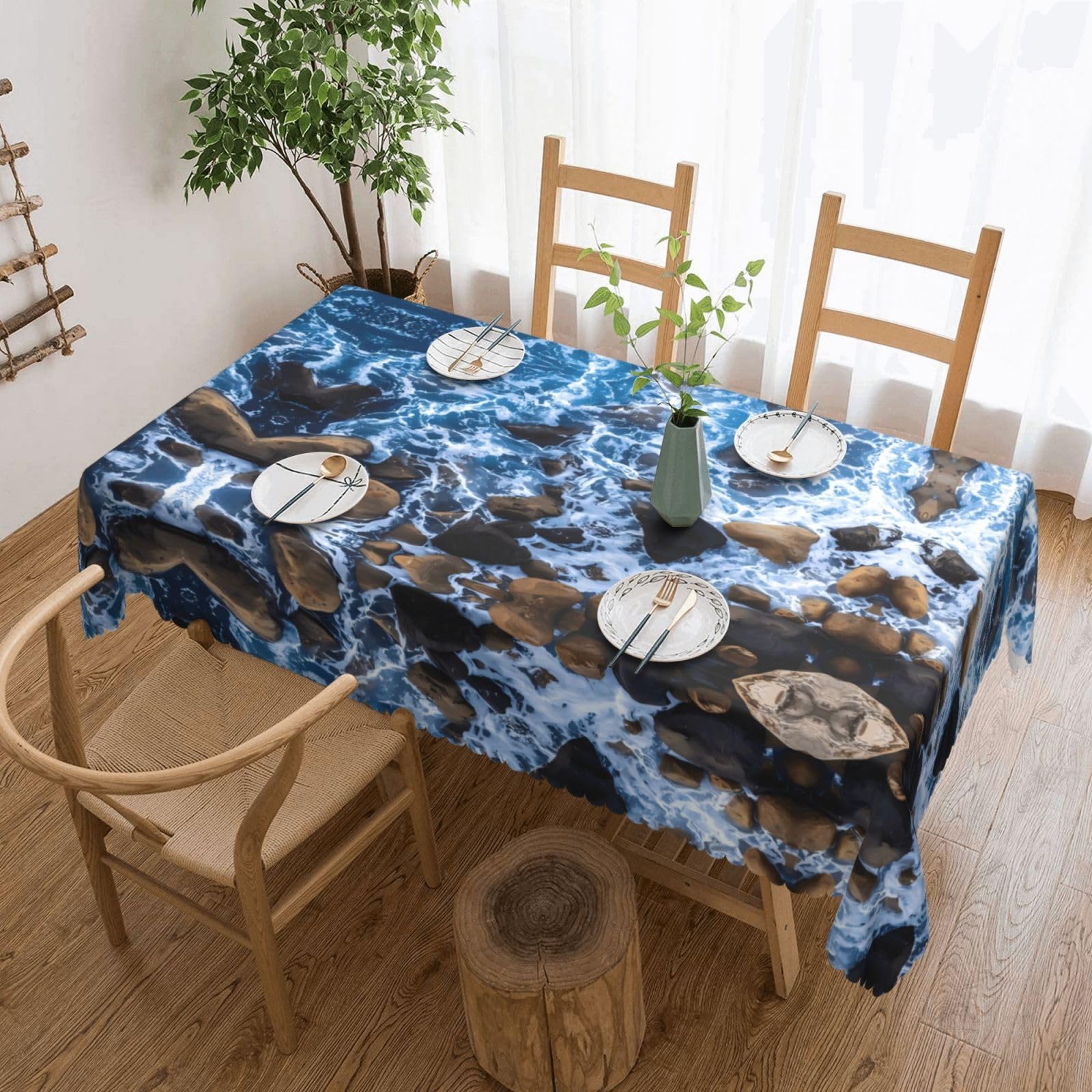 HLSBSSL Sea Stones Patterned square lace tablecloth, wrinkle-resistant and durable, suitable for dining tables, parties, etc.