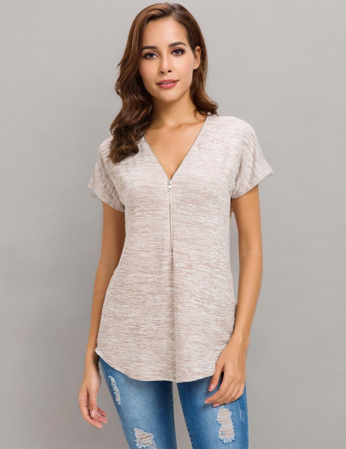 LUSMAY Women's Casual Zipper V Neck Short Sleeve Tunic Tops Loose Fitting T Shirts Blouse - Image 7