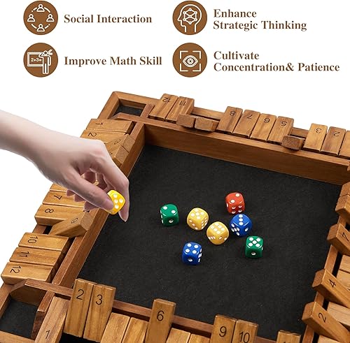 Miniatura 4 de Juego de dados Shut The Box de 14 pulgadas para 1 a 4 jugadores, juego de mesa de madera mejorado con 12 números, juego de matemáticas con 12 dados