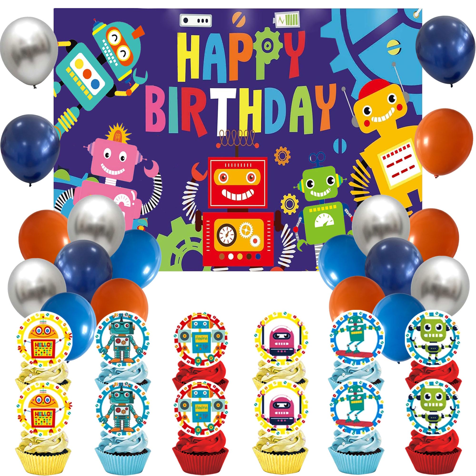 BACH AND BOOZY Robot Theme Birthday Party Supplies - Robot Backdrop Robot cupcake topper and for Birthday Party Decorations Supplies