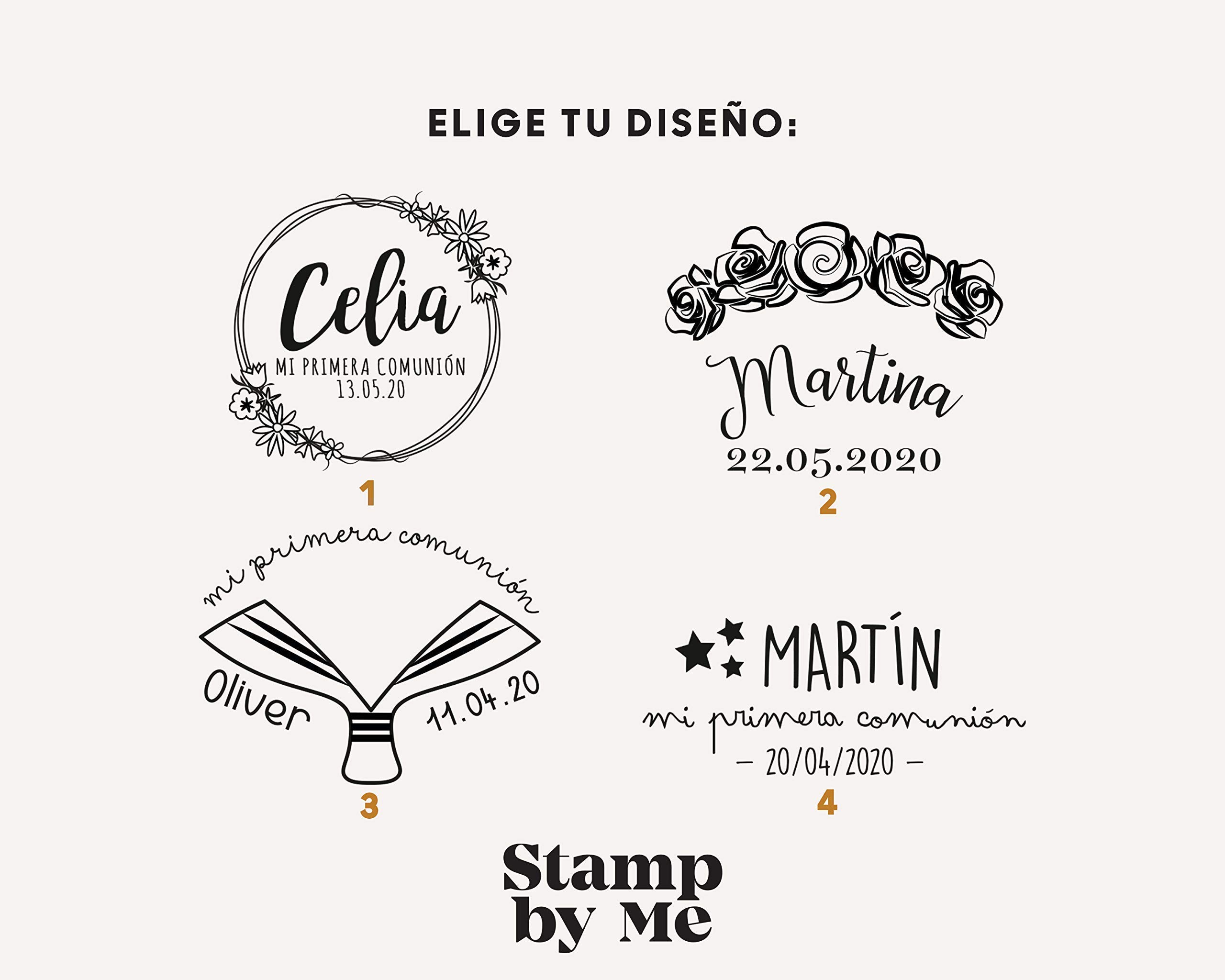Stamp by Me | Sello Personalizado para Comunión | 4 Diseños | Sello de Madera | Sello de Comunión | Ideal para los Sobres e Invitaciones | Con Tampón de Tinta Opcional | Nombre y Fecha | Estrellas