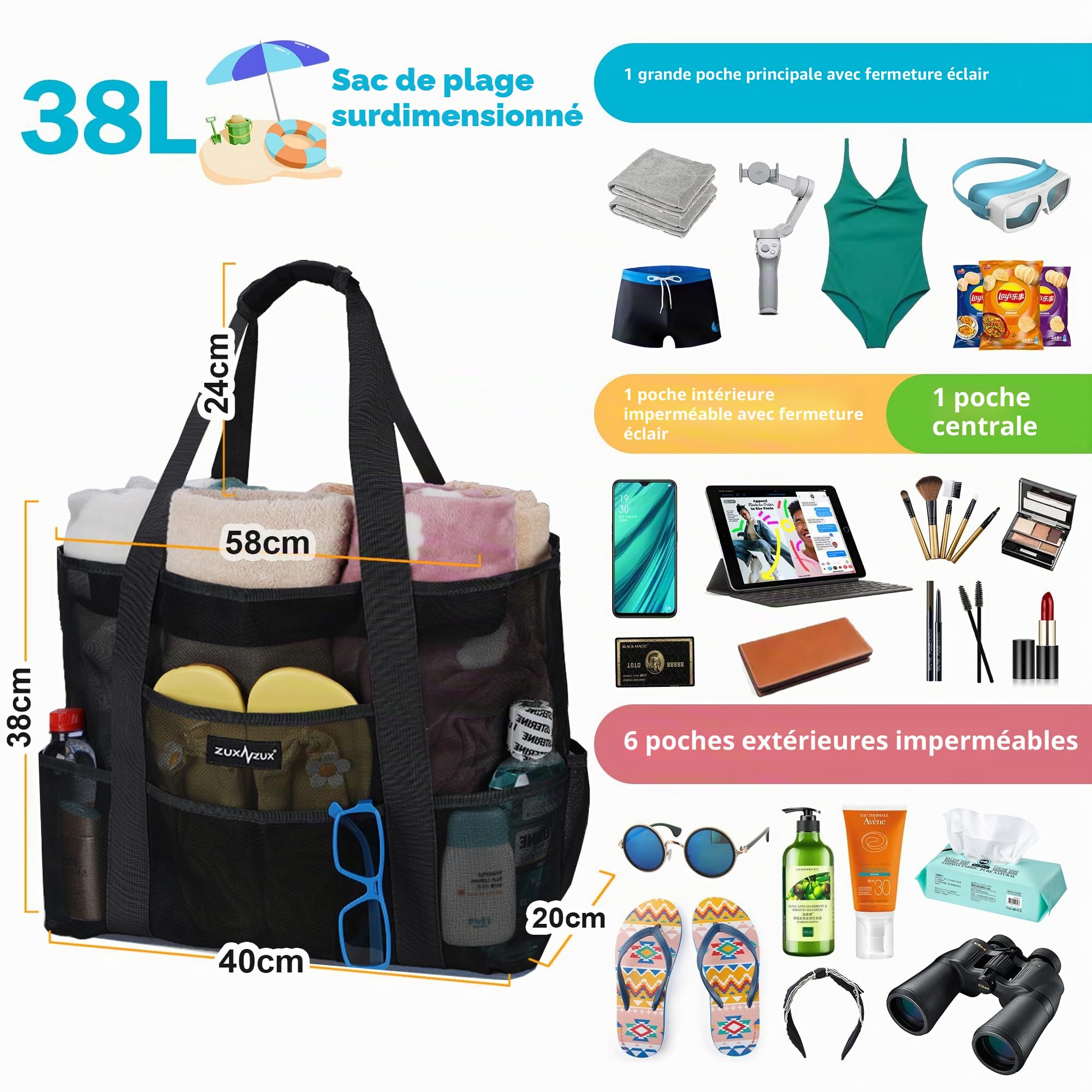 Sac de Plage Grand en Maille avec Fermeture Éclair, Fourre-Tout de Plage Anti-Sable Pliable Main Sac, Piscine Voyage L'été Vacances Vêtements Jouets Gym