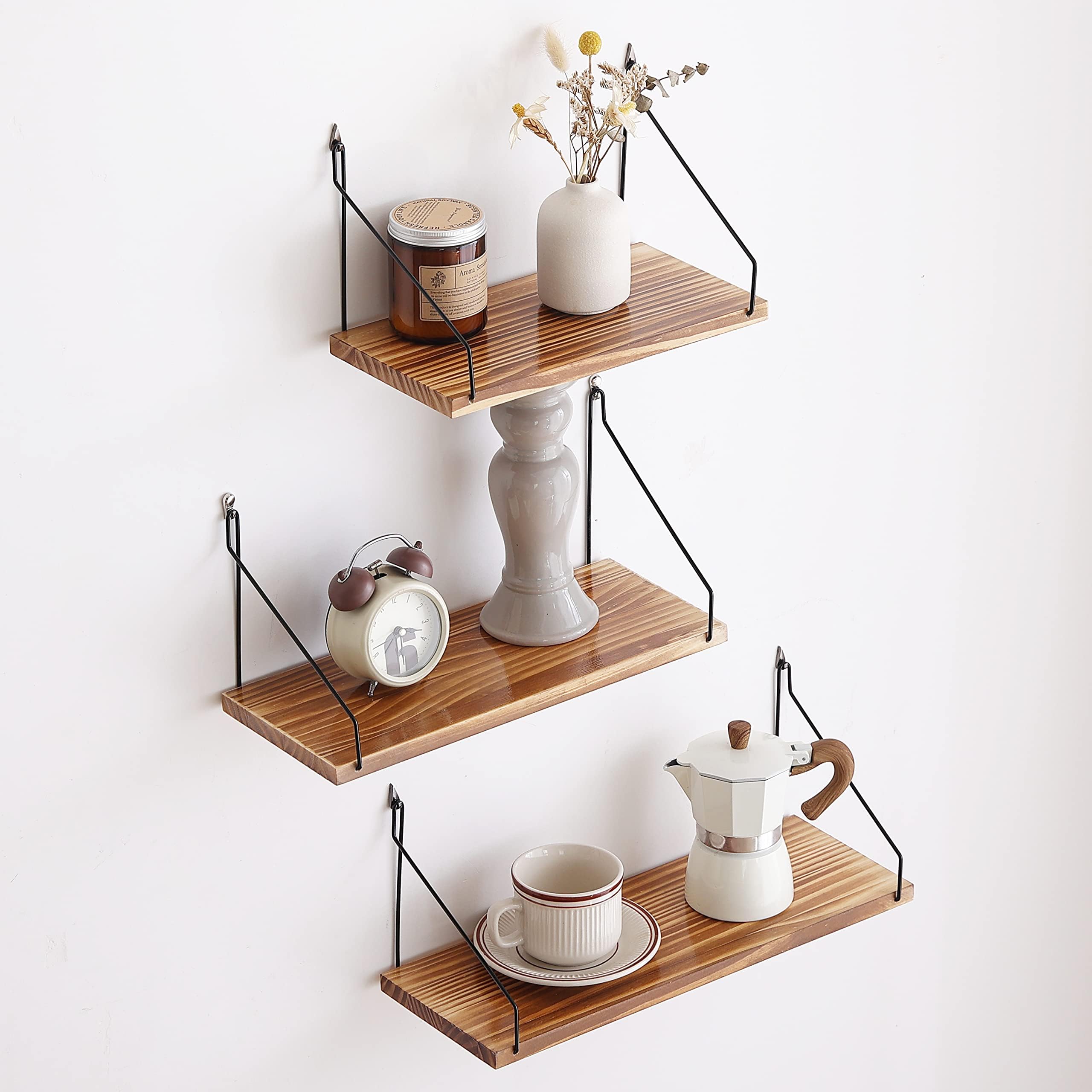 Amazon｜ウォールシェルフ 壁を傷つけない War Horse 29+36+42cm3点セット 天然木製 賃貸 穴あけない 壁掛け棚