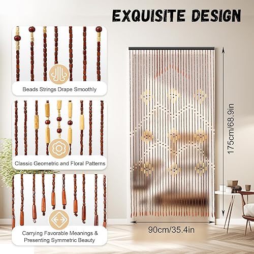 Miniatura 4 de CBHFLMJD - Cortina de 32 líneas de cuentas de madera, decoración de porche, sala de estar, cortina de partición de 35.4 pulgadas de ancho x 68.9