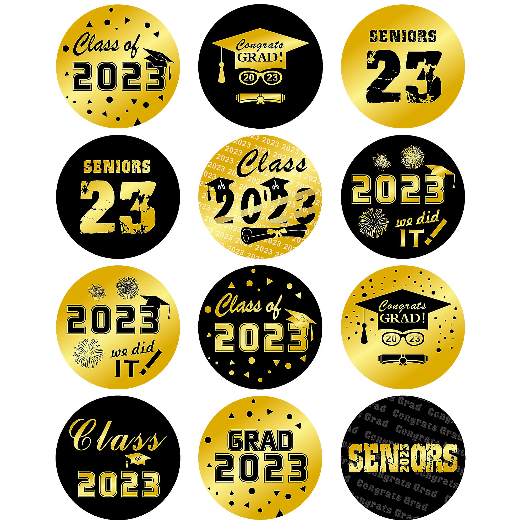 Lucleag 360PCS 2022 Graduation Round Stickers, Class of 2022 Grad Congrats Stickers, 12 Design Circle Graduation Gift Tags Stickers, 2022 Black and Gold Graduation Envelope Seals Candy Stickers