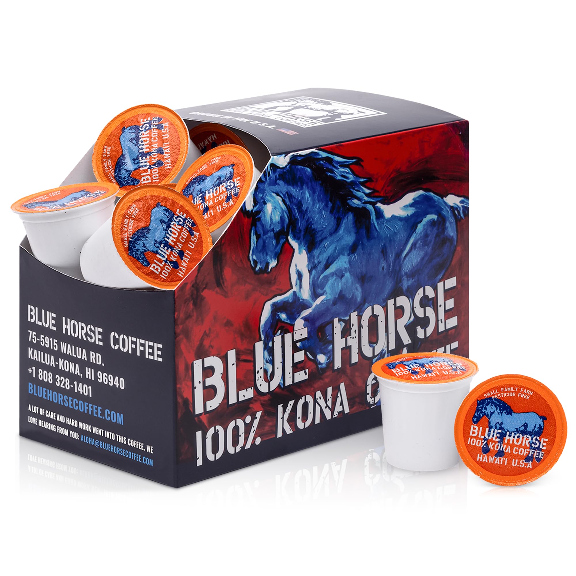 Amazon.com: Blue Horse 100% Kona Coffee Pods, Medium Roast, 20ct Single  Serve, Compatible with K Cups 2.0, Farm Fresh, Authentic Arabica Beans from  Hawaii's Big Island for a Smooth, Rich Flavor :