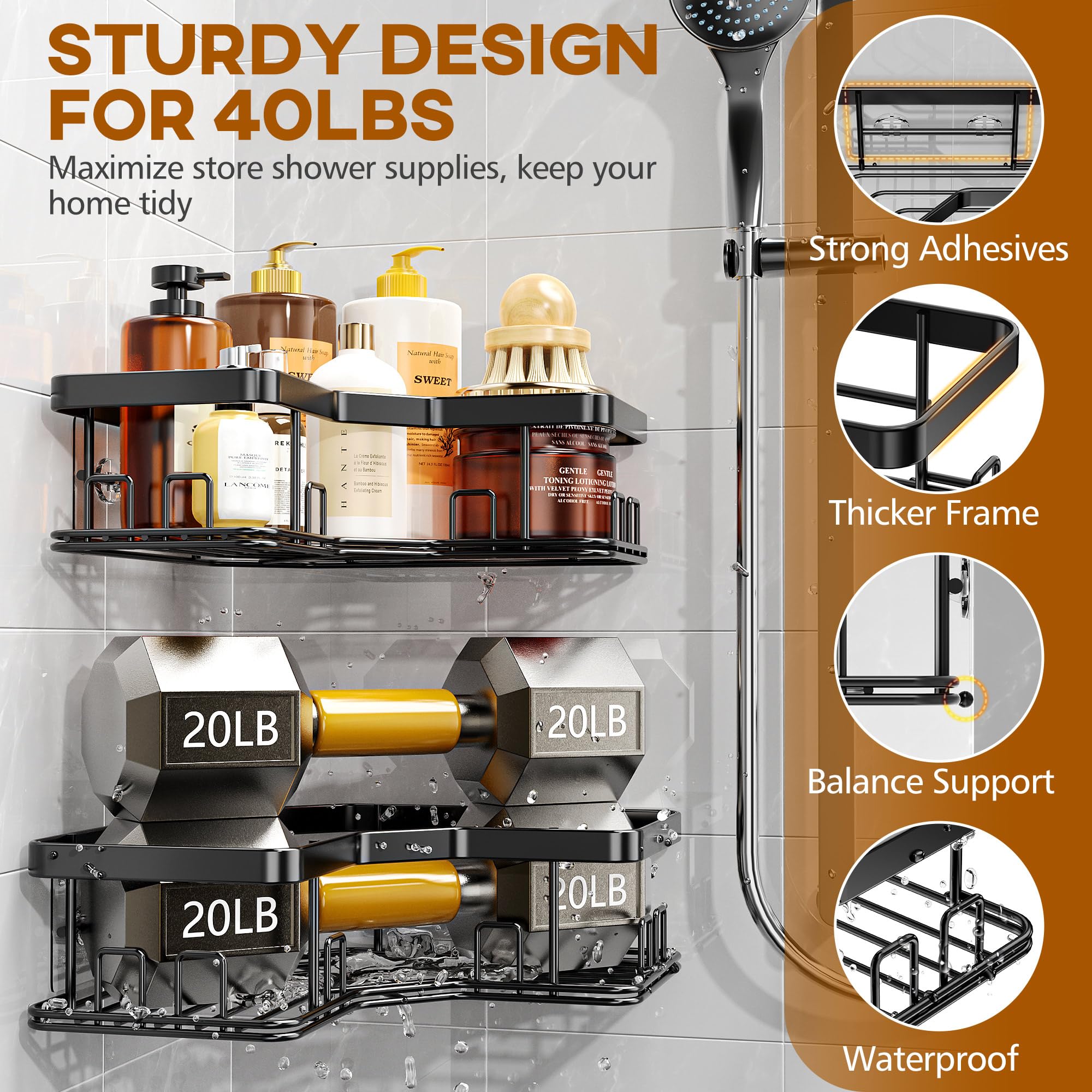 MAXIFFE 3 Pack X-Large Corner Shower Caddy with Soap Holder, Large Capacity Sturdy Easy Install No Drilling Stainless Steel Hold 40 LB Shower Organizer Shelves Rack for Family Renters Bathroom, Black
