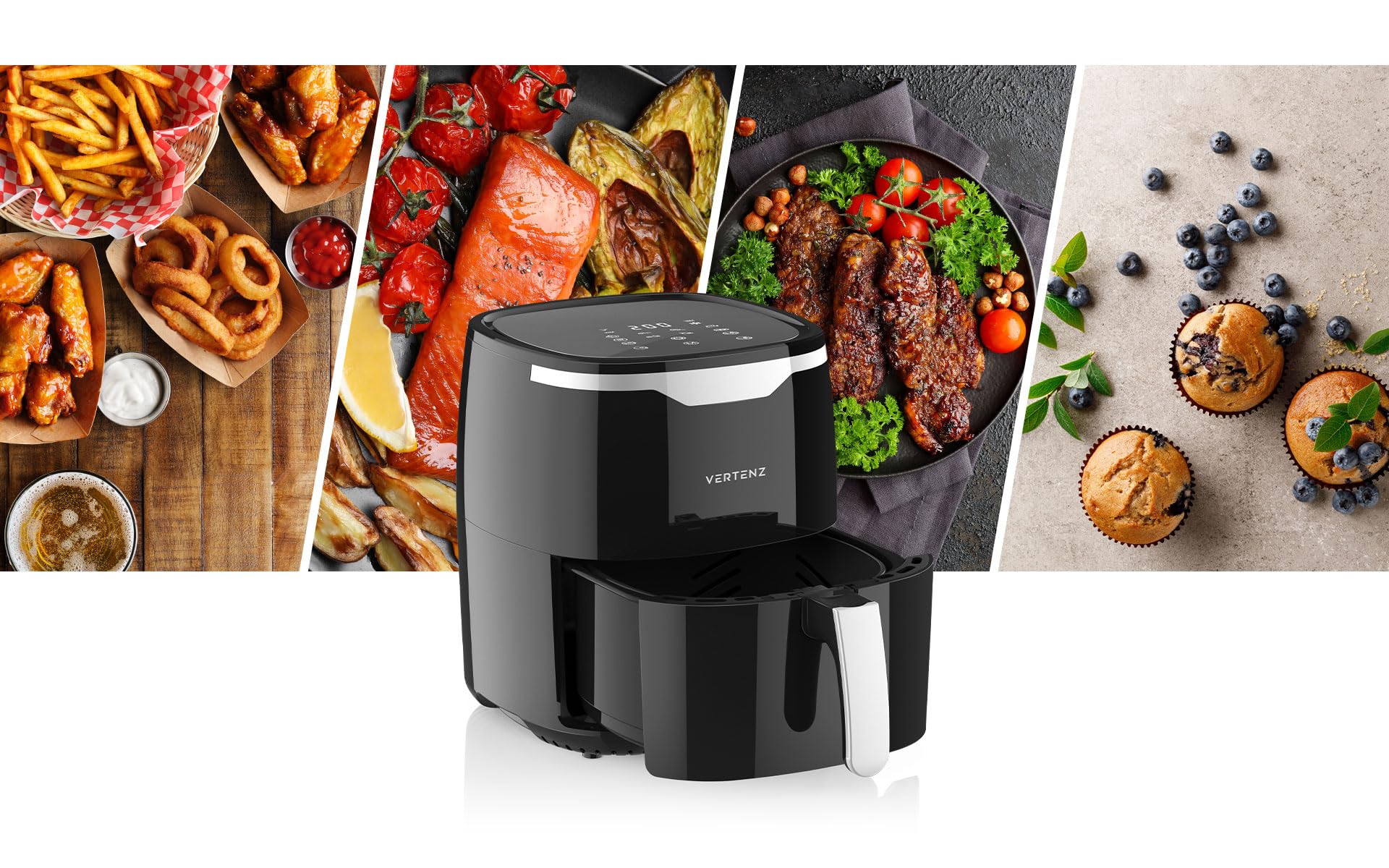VERTENZ Taste 50 | Freidora de aire caliente compacta Airfryer XL, 5 litros de capacidad, 8 menús automáticos, 1400 W, pantalla táctil LED, cesta para freír antiincrustante, sin grasa