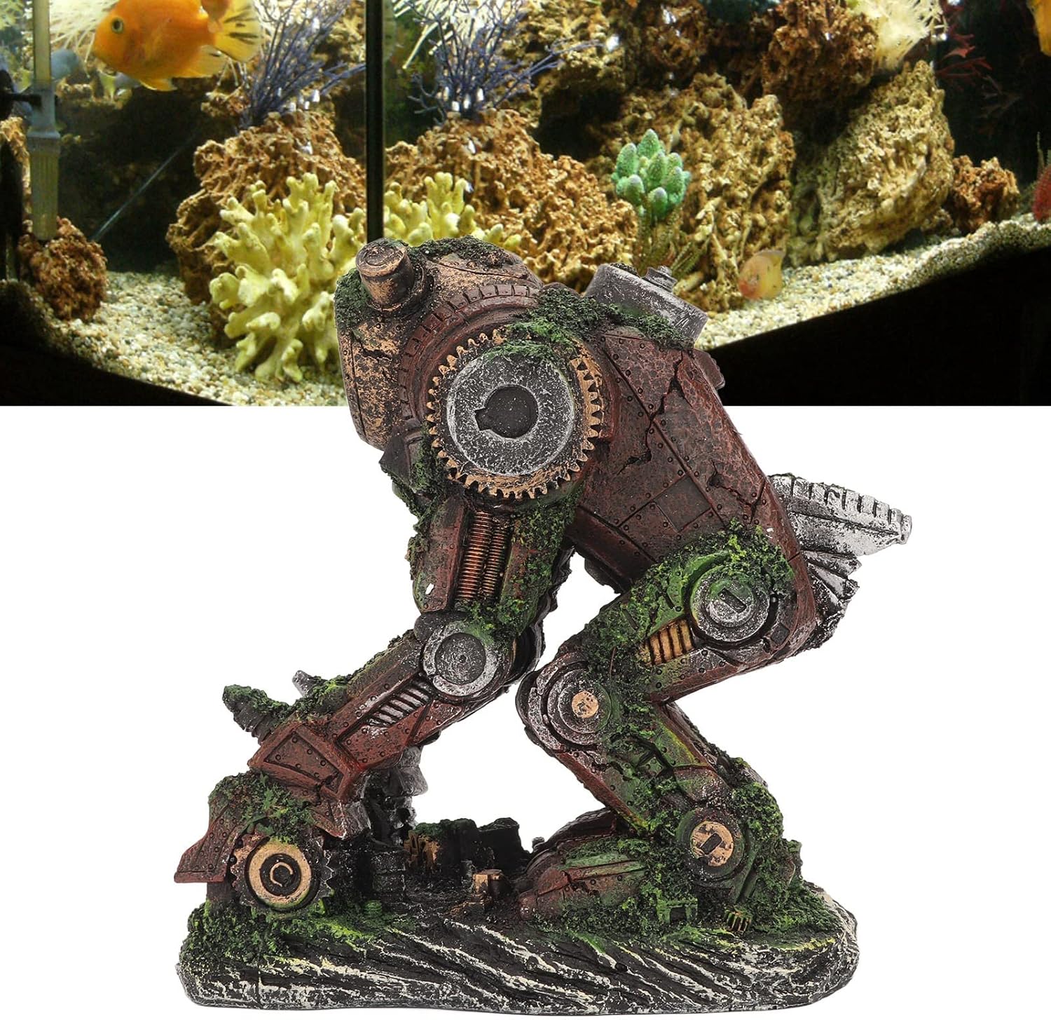 Innovative Mecha Machine Aquarium Decoration, Simulation Resin Fish Tank Ornament with Hollow Design and Fake Moss, Material, Unique Look for Ocean Themed