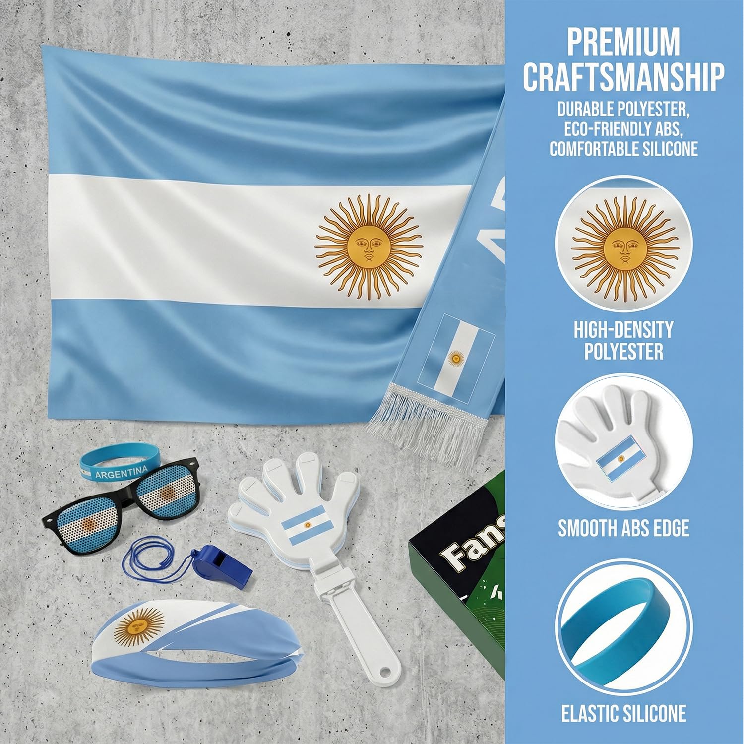 Soccer Fan Gear Set 2026-7 Piece Game Day Kit with Flag, Scarf, Glasses, Whistle, Clapper, Wristband & Headband in Gift Box - Watch Party & Stadium Essentials for Argentina - 2