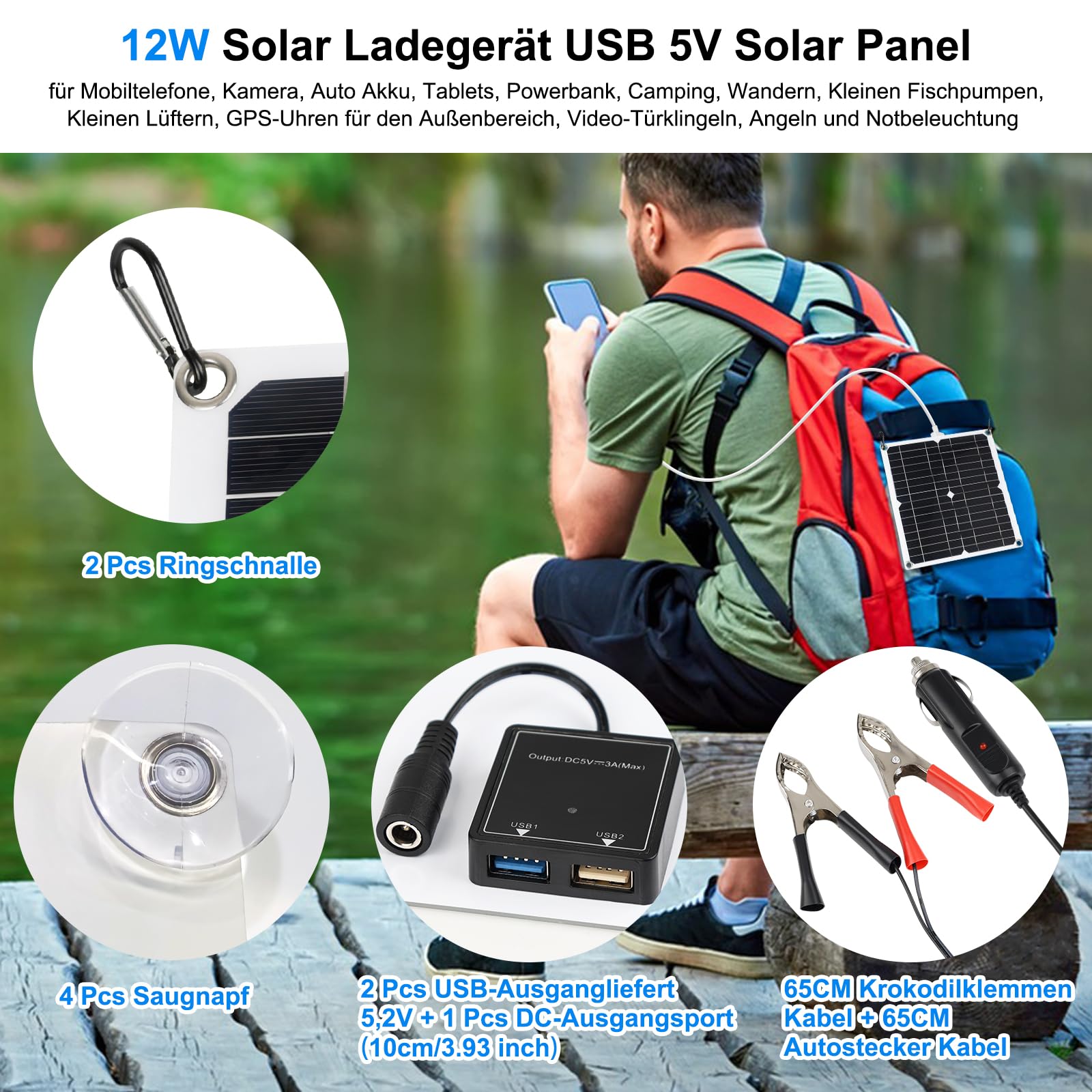 【12W Panneau Solaire Portable 16V Kit】KWODE 12W IP67 Chargeur Solaire 2-Port USB Mini Panneau Solaire Camera Exterieur Maintien de Charge Batterie Chargeurs Solaires Pour Téléphones Camping Car Moto