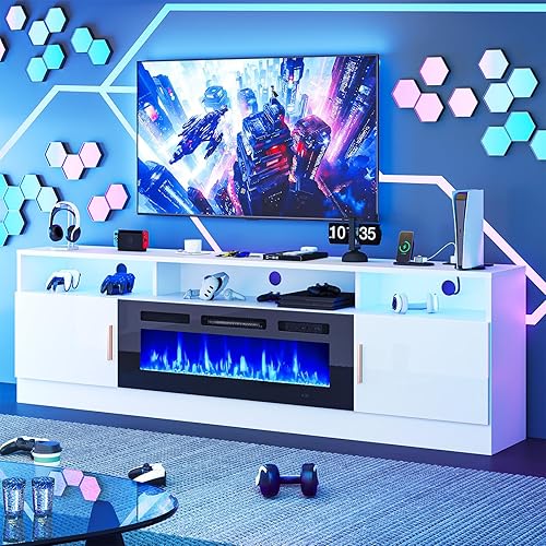 Miniatura 12 de oneinmil Soporte de TV con chimenea de 70 pulgadas con toma de corriente para televisores de hasta 80 pulgadas, centro de entretenimiento con Negro