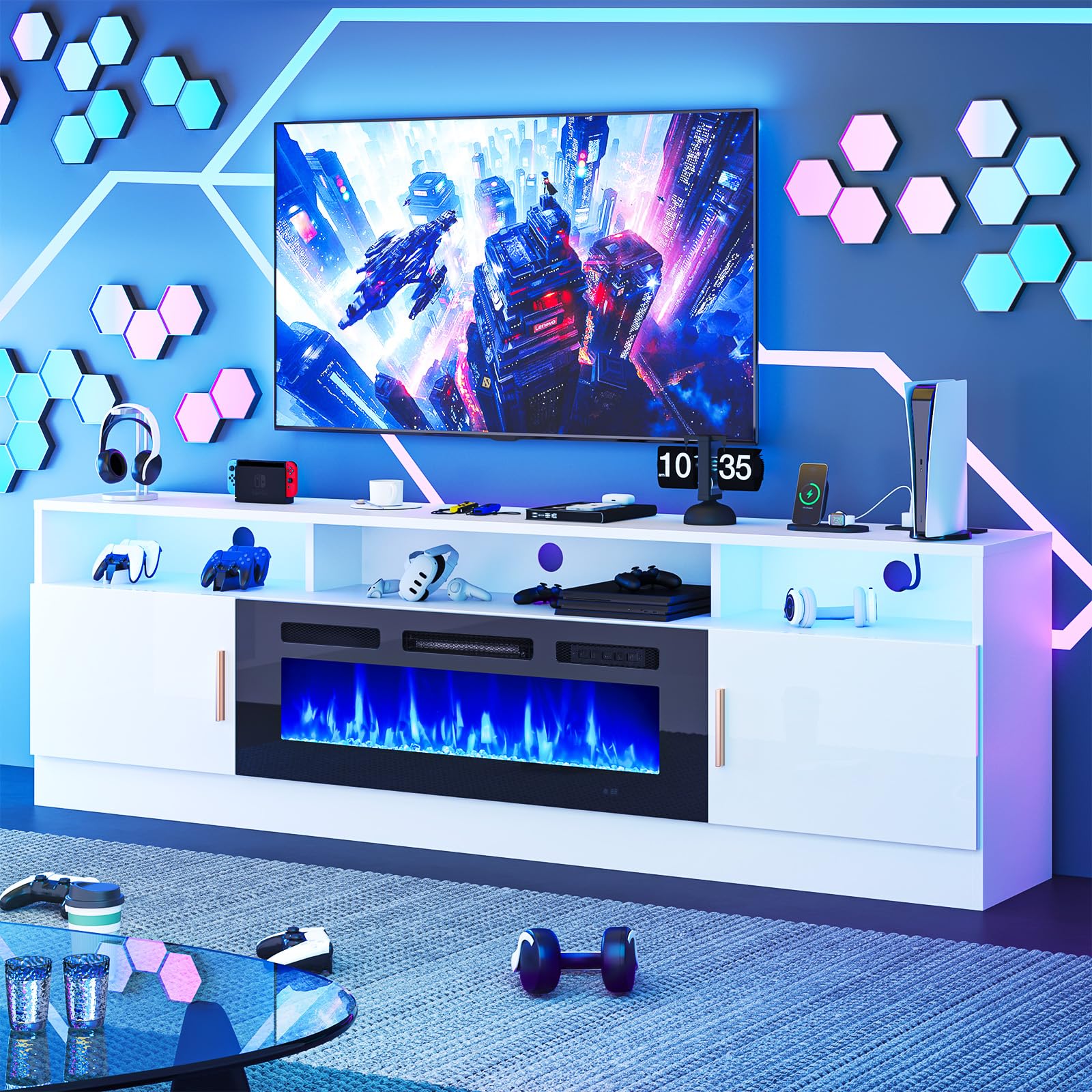 oneinmil 70" Fireplace TV Stand with Power Outlet for TVs Up to 80", Electric Fireplace Entertainment Center with LED Lights & Storage Cabinets, Media