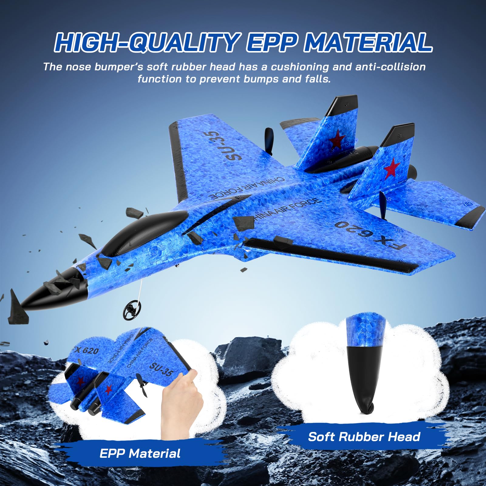 Avión Teledirigido, Avión RC 2.4GHz Avións Control Remoto Niño, Luces LED de Colores, para Niños y Principiantes, estabilizador giroscópico de 3 Ejes de Control Remoto,Azul