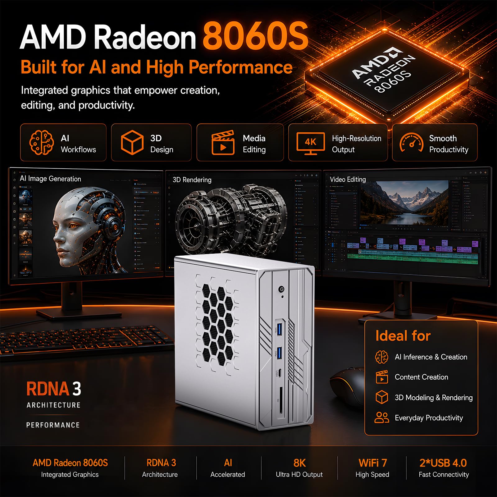 Mini PC Server AI, Ryzen AI MAX+ 395 (126 TOPS, 16C/32T), Barebone, GPU Radeon 8060S, 128G di Memoria Unificata LPDDR5x-8400, LAN 10G+2,5G, Quattro Schermi, 4 slots M.2 PCIe 4.0, Wi-Fi 7