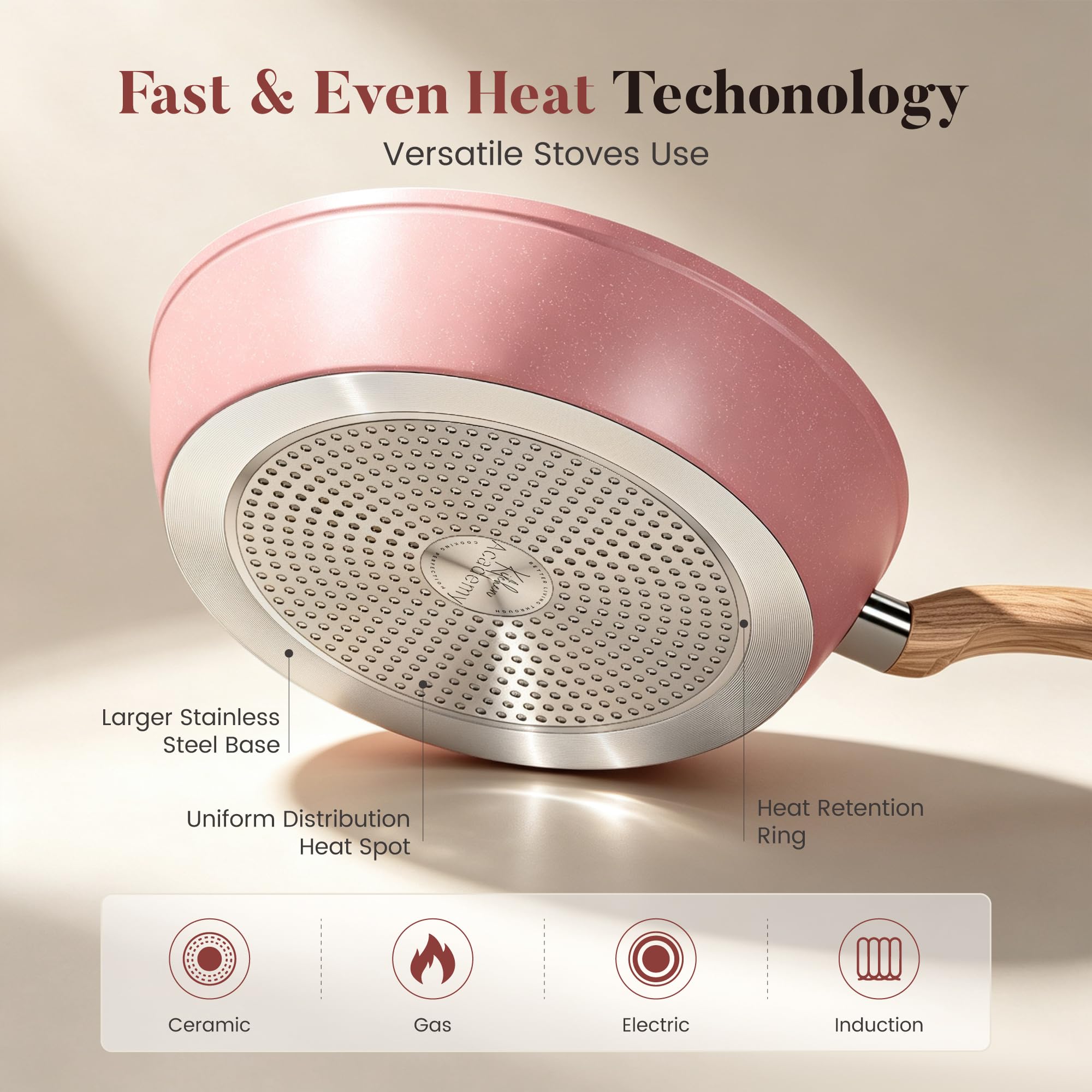 Kitchen Academy Induction Pots and Pans Set Non Stick, 12Pcs Pink Cookware view 7