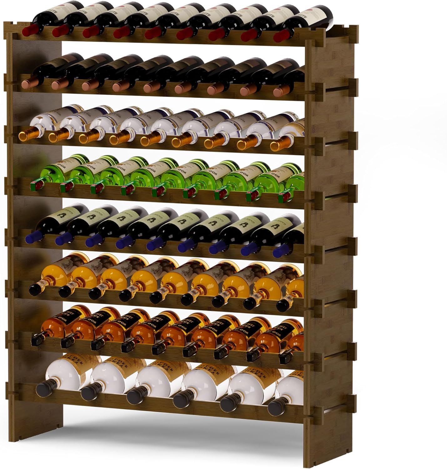 Wine Rack Freestanding Floor, Bamboo 8-Tier 69 Wine Bottle Holder Racks Countertop Cabinet Display, Wooden Stackable Modular Wine Storage Organizer Shelves for Kitchen Bar Cellar Dining Room Walnut