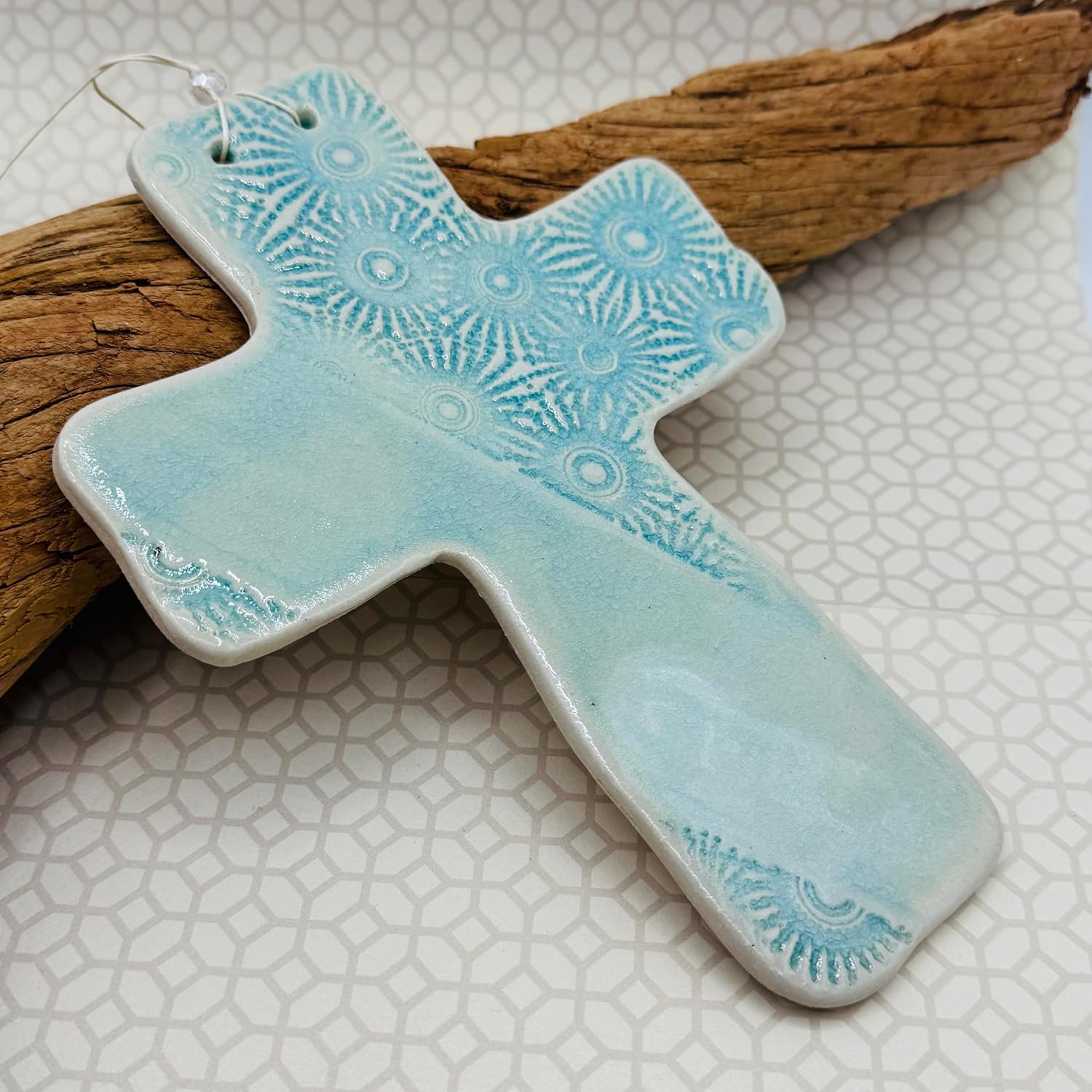 JANECKA Turquoise Glazed 8 Inch Pottery Wall Cross, Handmade in the USA