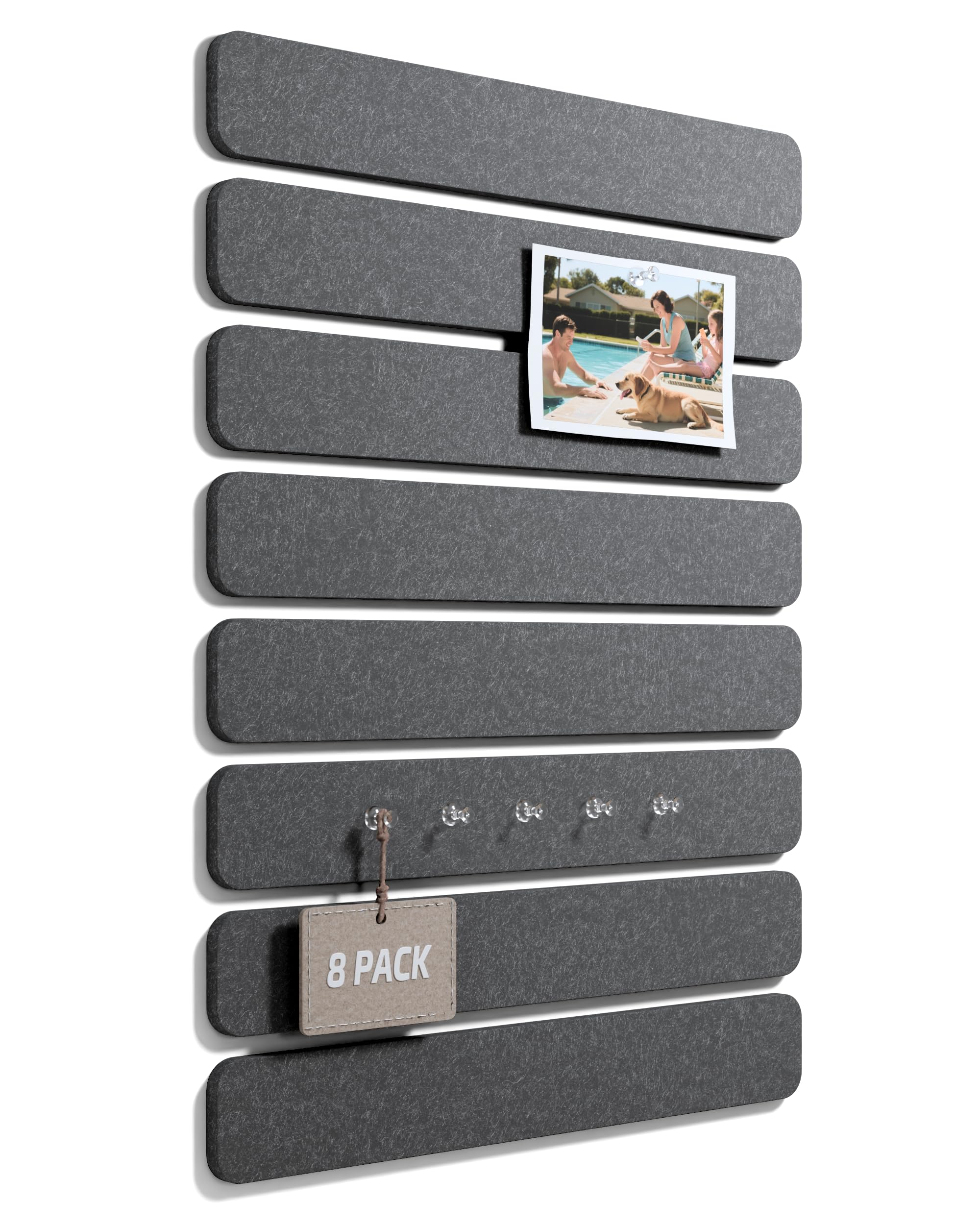 Fluxynara Cork Board Alternative Felt Strip Board 8-Pack 33x5 cm, Office Pin Board with Push Pins, Adhesive Install for Bedroom Door & Home Office (Charcoal Gray)