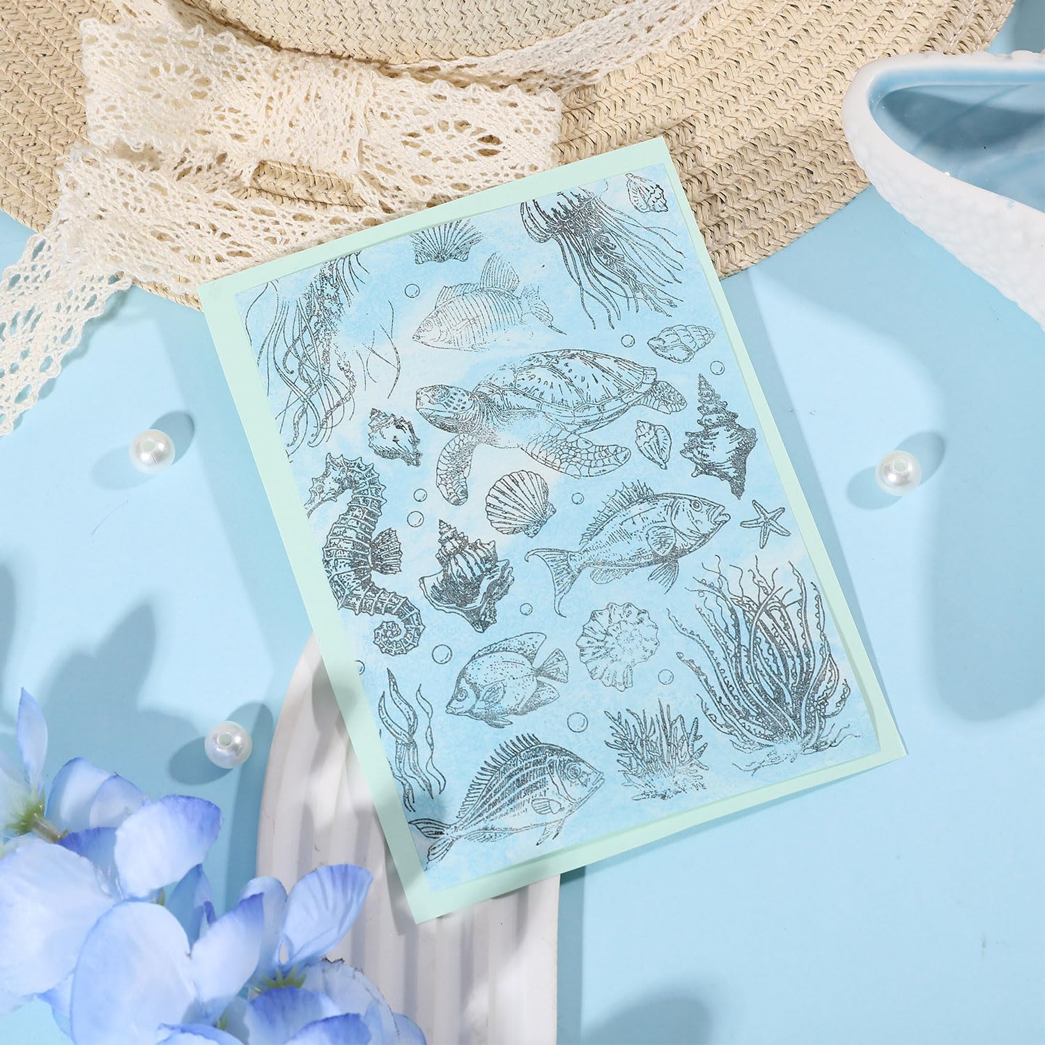 GLOBLELAND Sellos de goma transparentes con fondo de vida marina para álbumes de recortes, álbumes de fotos, tarjetas decorativas, decoración del hogar, 16 x 11 cm