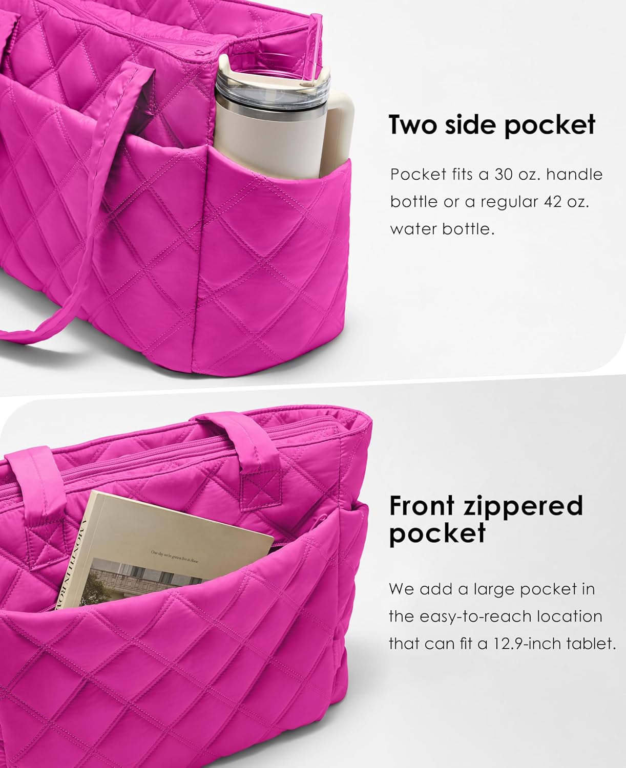 Tote Bag for Women, Lightweight Puffer Tote Work Bags with Compartments for Travel, Quilted Shoulder Bag with Zipper - Image 3