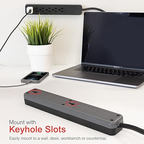 Miniatura 6 de GE Pro 45170 Protector de sobretensión, cable de extensión de 2 pies, 620 julios, enchufe plano, disyuntor integrado, montaje en pared,