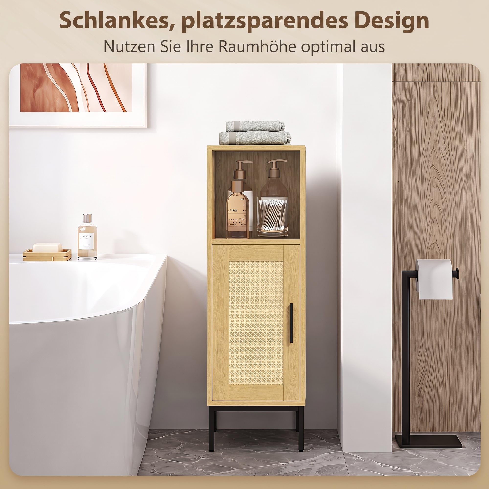 HOMCOM Badezimmerschrank Schmal mit Verstellbarem Regal, Natur