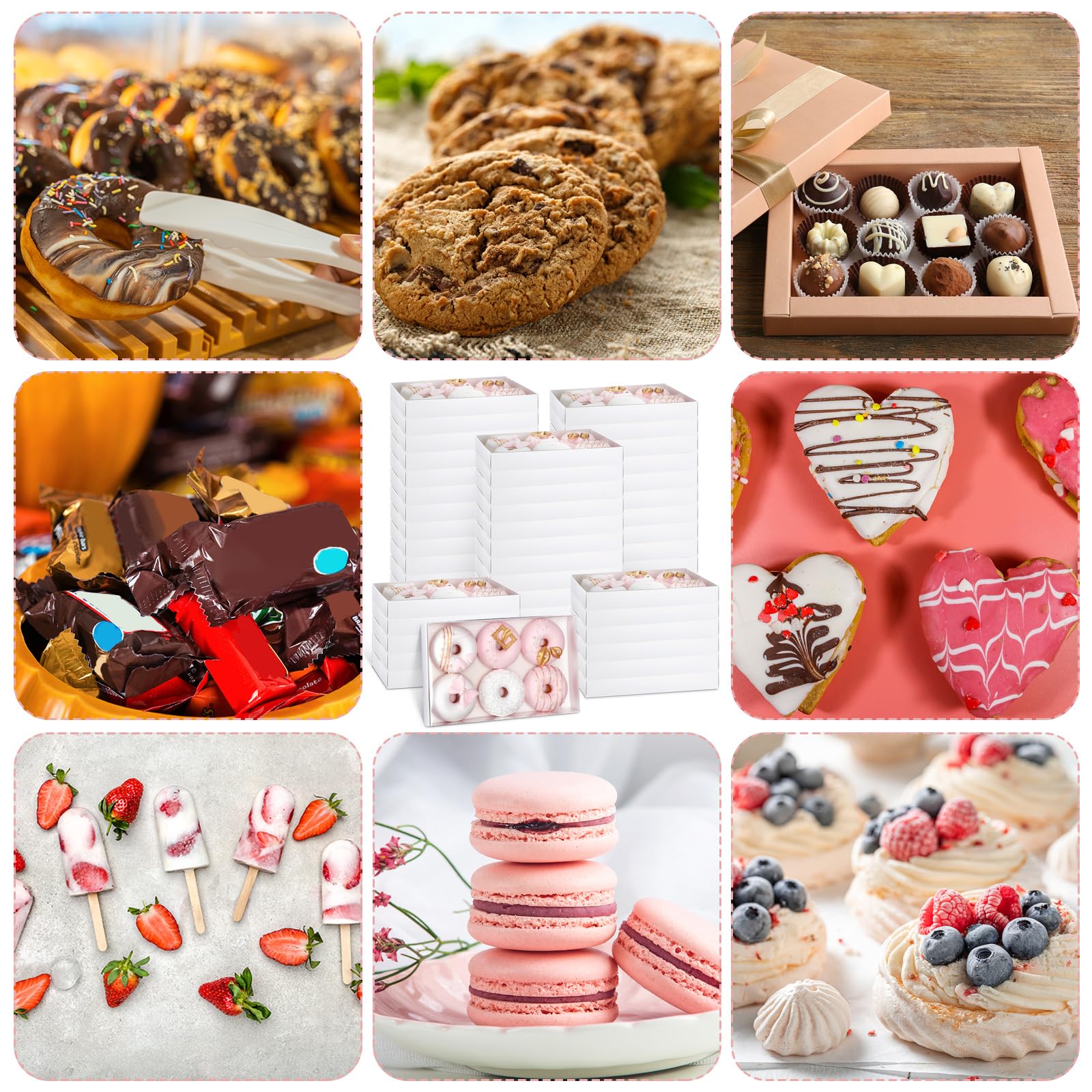 Karenhi 48 cajas transparentes para galletas con ventana completa de 9.5 x 5.9 x 1.3 pulgadas, cajas de dulces de panadería, macarrón, chocolate, donas, pastelería, tapas transparentes, contenedor de