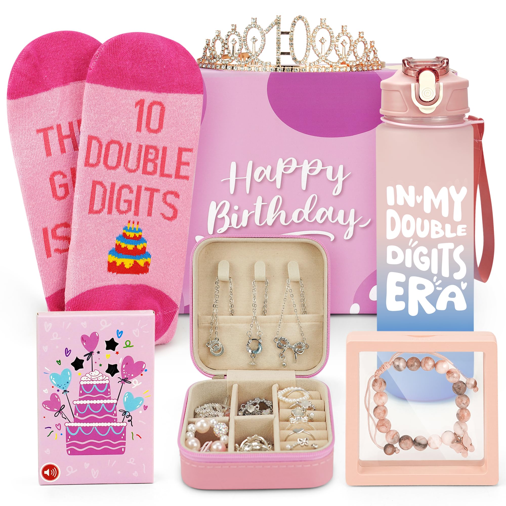 Gifts for 10 Year Olds Girls, 10th Birthday Gifts for Girls, 6 Pcs Personalised Hampers Includes Recording Greeting Card, 25oz Tumbler, Birthday Presents for Daughter, Teen, Niece