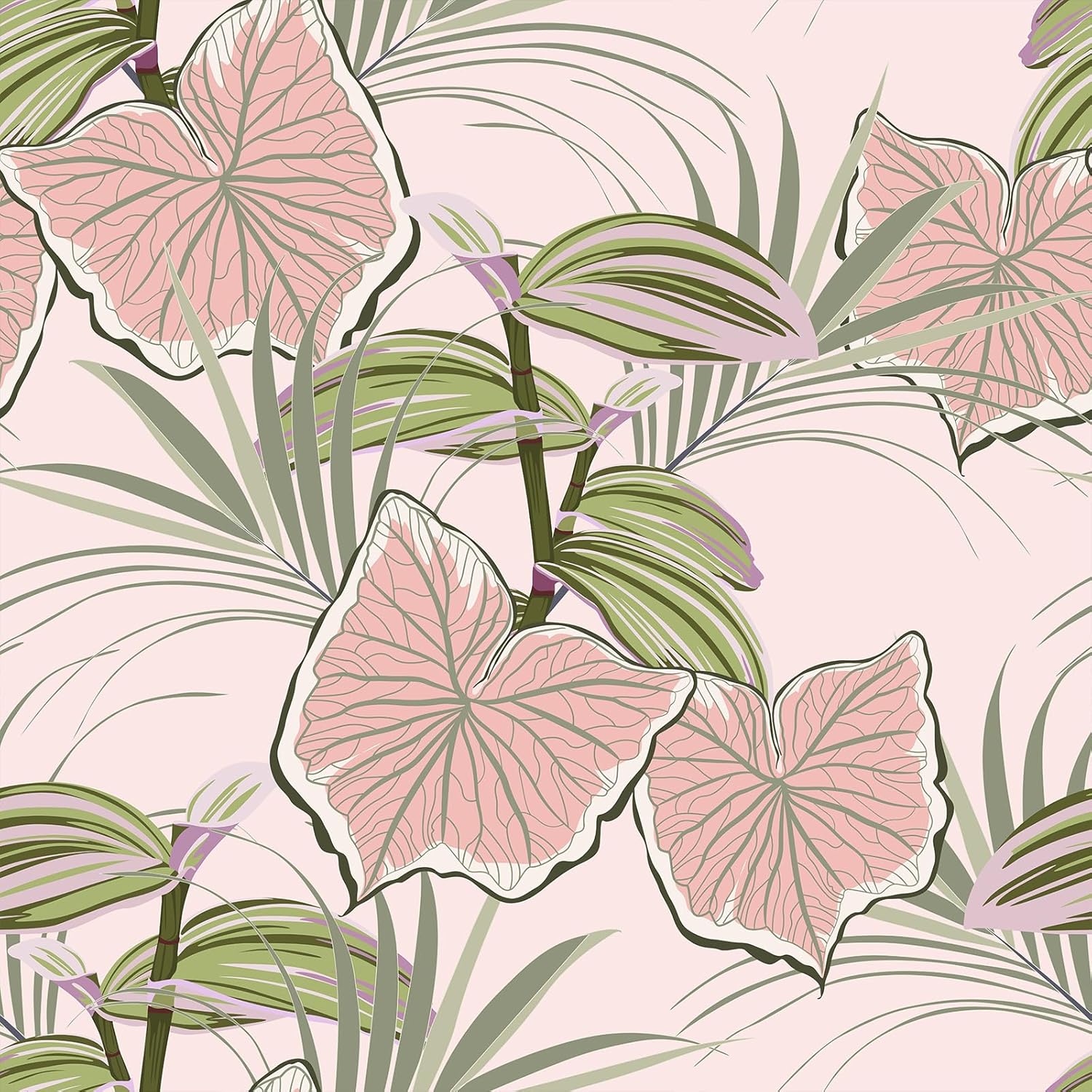 VaryStyle 17.7"x393" Tropical Pink Wallpaper Pink/Green Leaf Botanical Peel and Stick Wallpaper Pink Floral Contact Paper for Cabinets Walls Renter Friendly Vinyl Wallpaper for Girls Bedroom Nursery