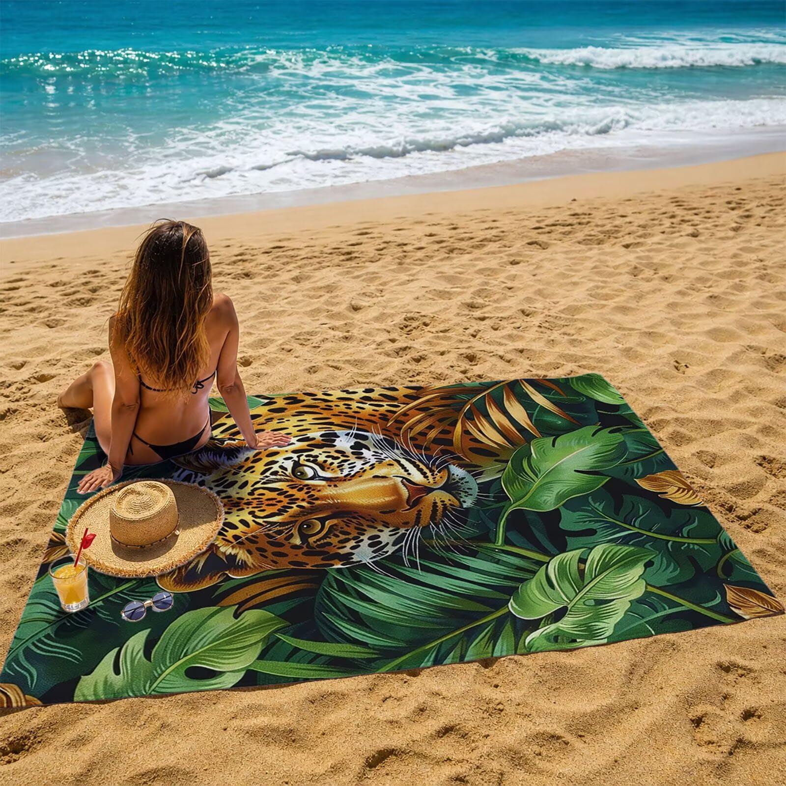 Ręcznik plażowy 160 x 220 cm, lekki, miękki, przyjazny dla skóry, duży, odporny na piasek, zielone liście, ręcznik kąpielowy 220 x 160 cm, szybkoschnący, do sauny, na siłownię, do pływania, na urlop