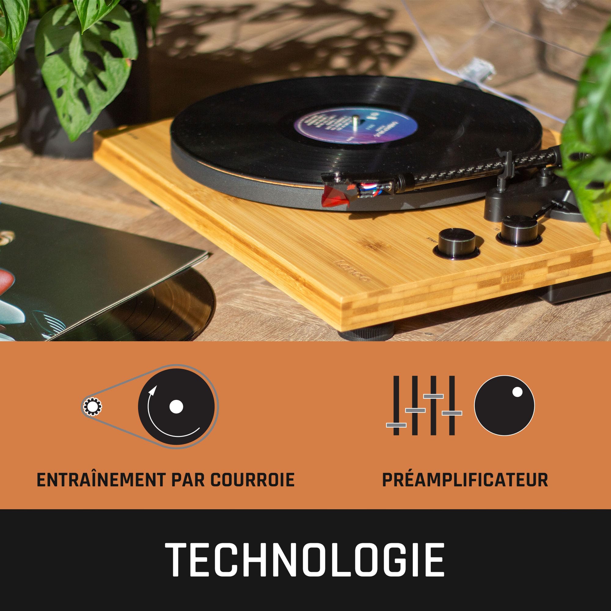 Lenco LBT-335BA Tourne-Disque avec Bluetooth®, boîtier en Bambou véritable et Micro 2M Red