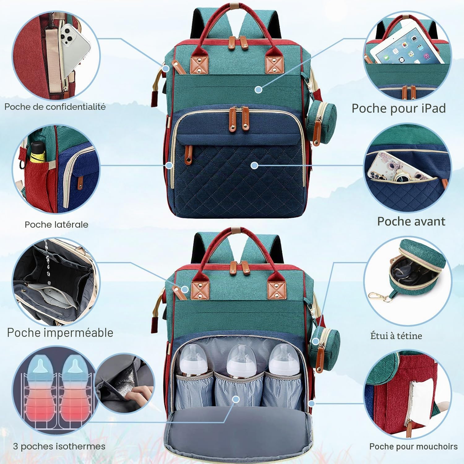 SHITIESHOU Sac à dos à langer pour bébé fille garçon Sac à langer pour papa maman avec coussinet 16 poches