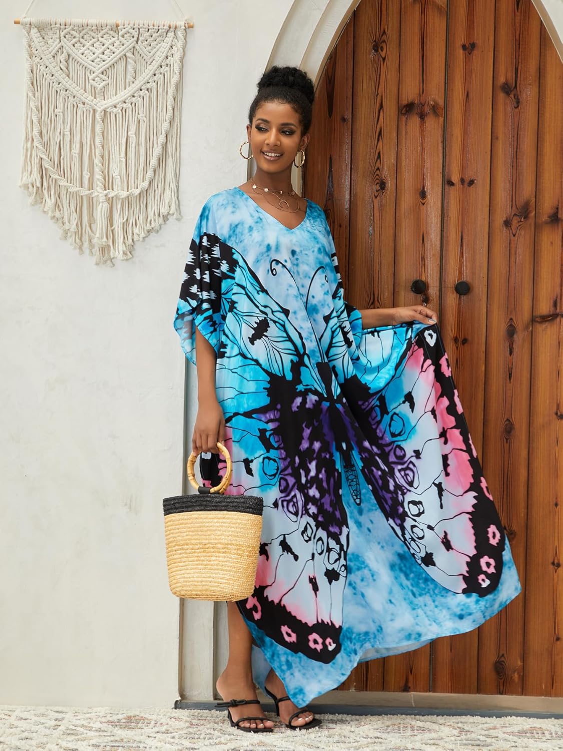 Moroccan Print V-Neck Batwing Kaftan Women's Plus Size Loose Fit Beach Dress Bathing Suit Cover Up Loungewear - Image 3