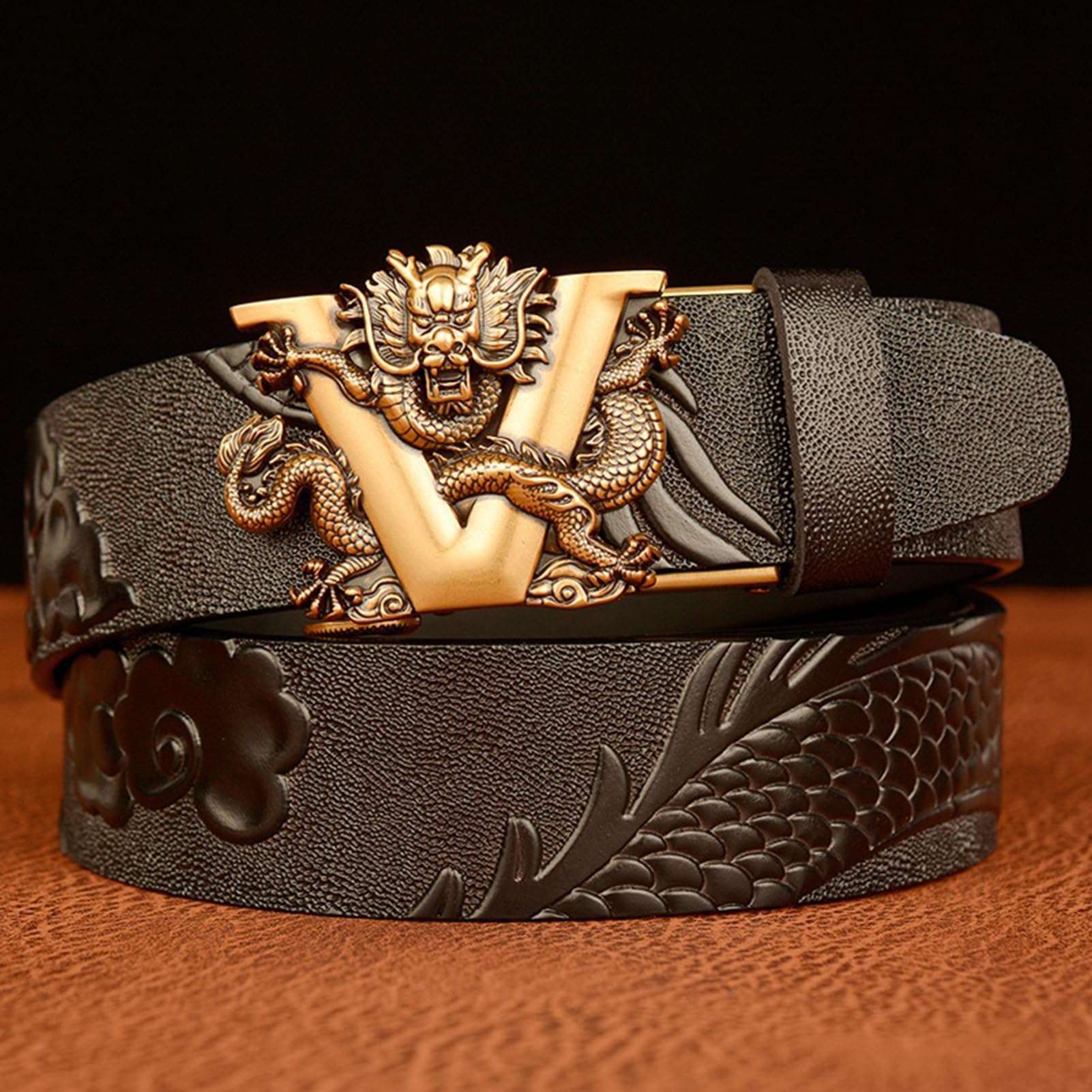 Cinturón De Vestir De Carraca para Hombre Hebilla Automática Deslizante Dragón Tallado Occidental En Relieve Cuero De Vaca De Grano Completo Correa De Grueso(110cm/43, Dragon-H)