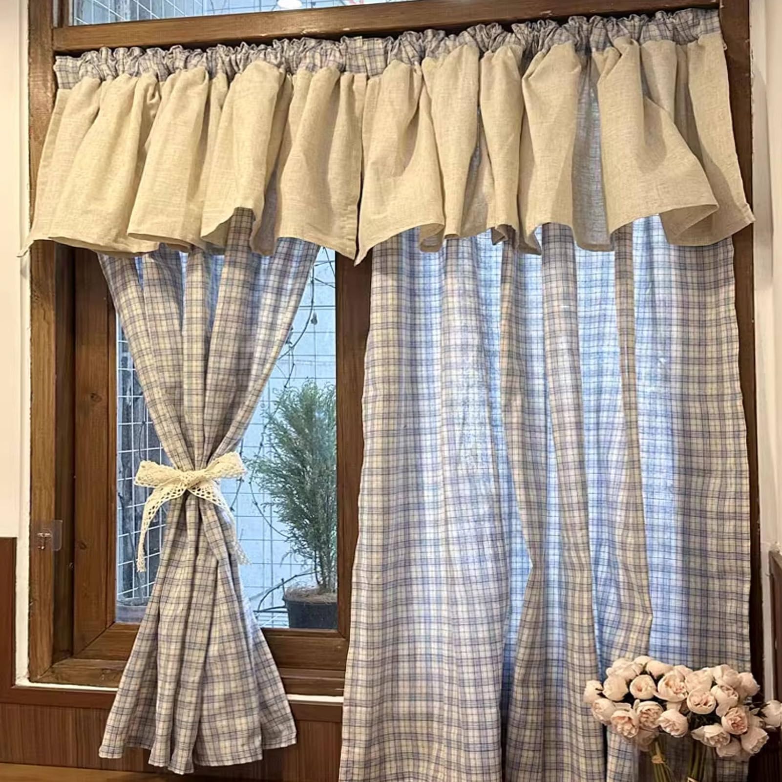 ZZYK Classic Linen Kitchen Window Curtains,Short Checkered Valance with Topper Tiers,Privacy Cabinet Curtain Panels for Living Room Cafe Laundry Basement,Paste,79" W x 59" L