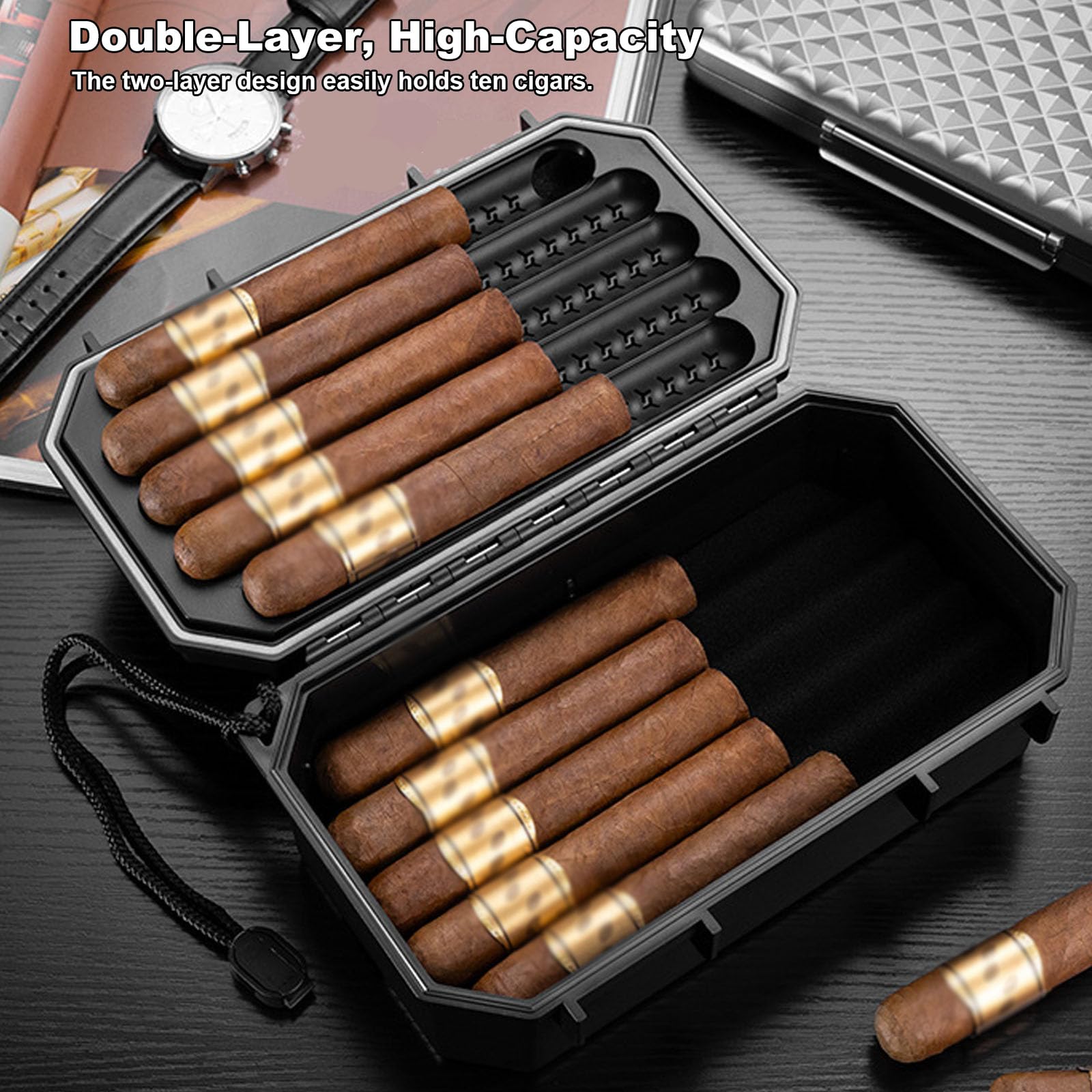 Humidor Portatile per Sigari, Custodia da Viaggio a Doppio Strato Grande capacità con Vassoio Integrato e Umidificatore (Contiene 10+ Sigari) – Kit da Viaggio Premium per Sigari(Color:B)