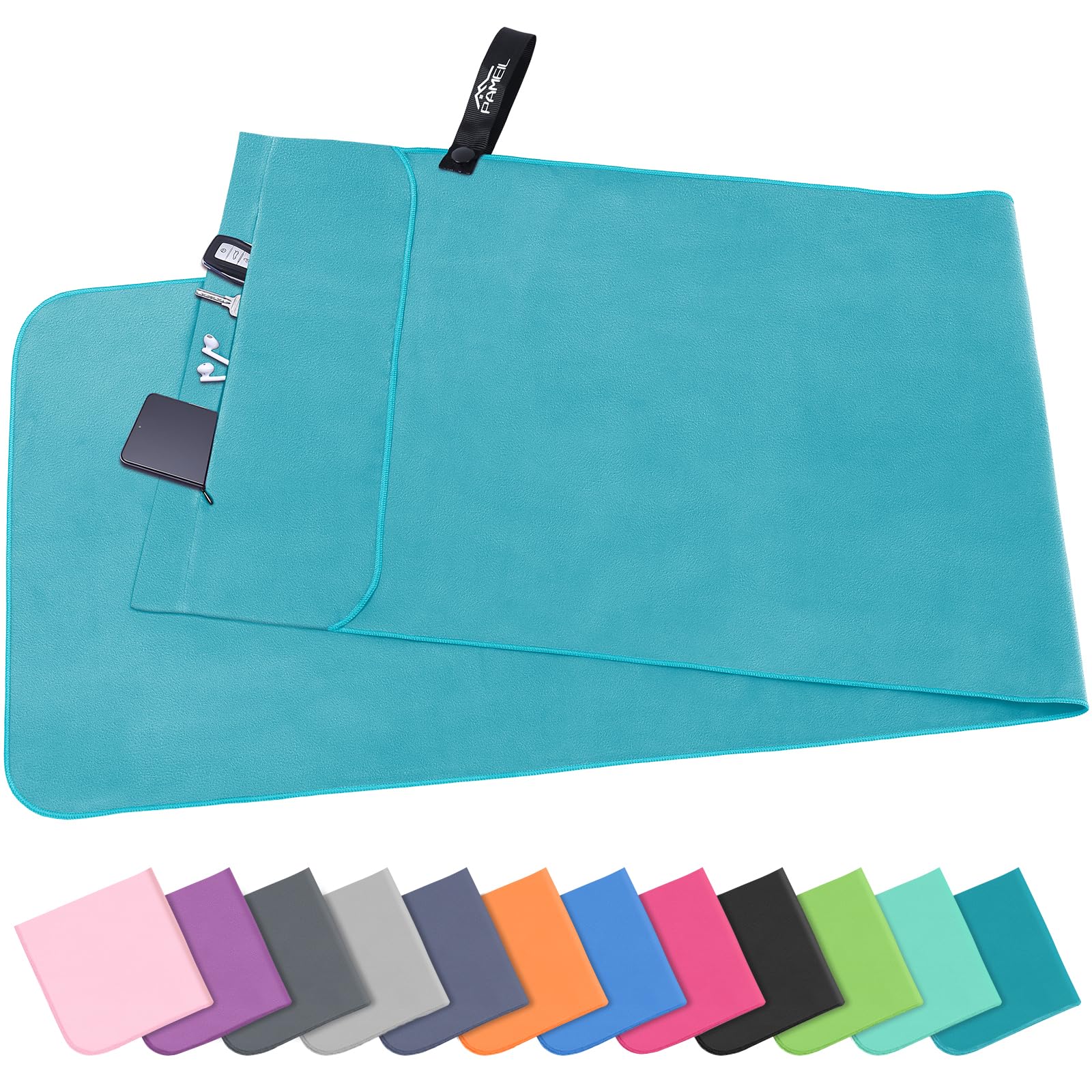 Pameil Asciugamano fitness con tasca con cerniera, 120 x 50 cm, asciugamano da palestra, in microfibra, compatto e ad asciugatura rapida, asciugamano sportivo, palestra, da viaggio (blu pavone)