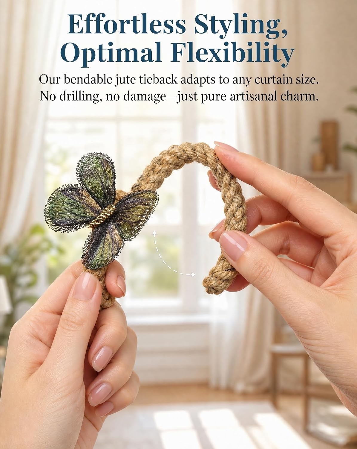 Natural Jute Rope Butterfly Curtain Tiebacks – Boho Rustic Handmade Braided Holdbacks, Adjustable No-Drilling Bendable, for Outdoor Patio Balcony & Indoor Sheer Curtains