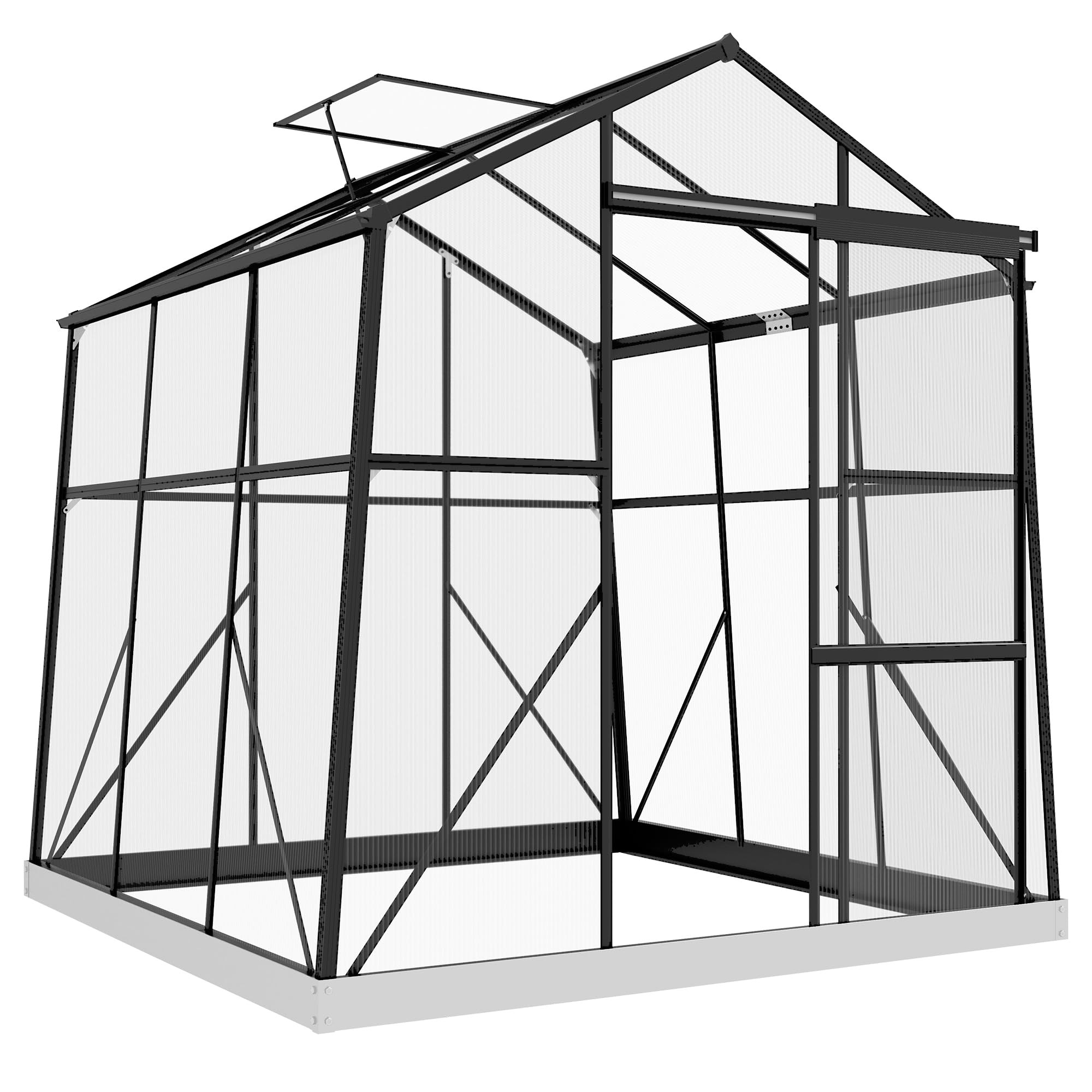 Outsunny Gewächshaus Aluminium mit Fundament 192 x 192 x 204 cm Schwarz | Treibhaus, 3,68 m², Tomatenhaus, Fenster, Schiebetür, Aufzucht Pflanzenhaus, für Garten, Balkon