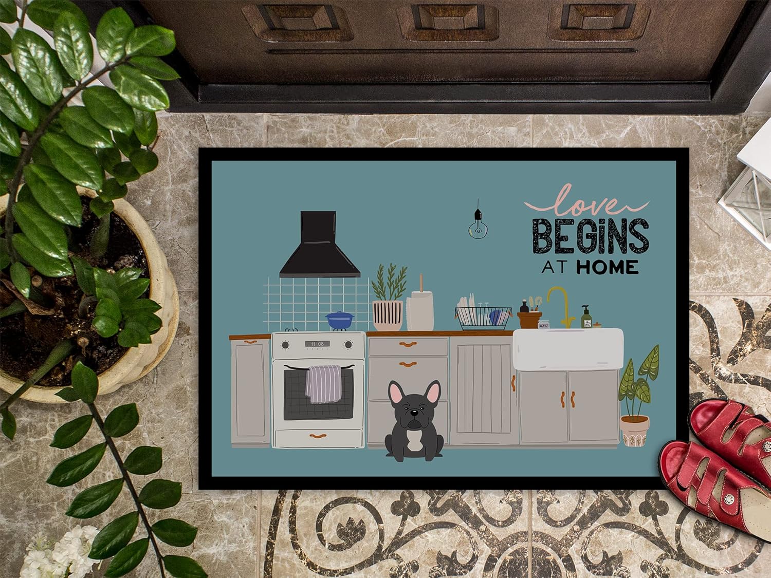 Caroline's Treasures CK7718MAT Black French Bulldog Kitchen Scene Doormat 18x27 Front Door Mat Indoor Outdoor Rugs for Entryway, Non Slip Washable Low Pile, 18H X 27W