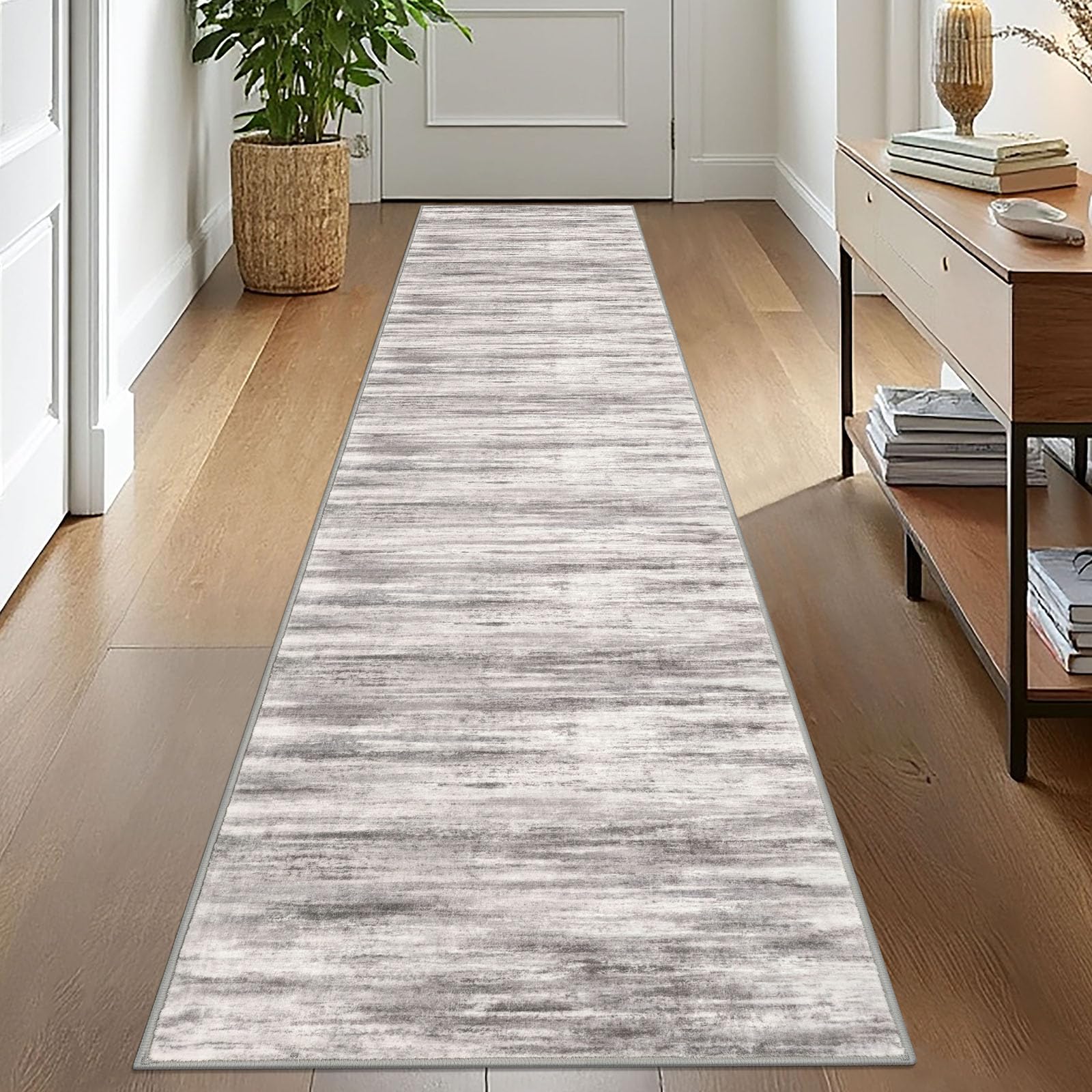 KOZYFLY Modern Abstract Kitchen Runner Rug, 2x10 Washable Rug Runner Non-Slip Soft Striped Hallway Runner Rugs, Grey Beige Print Carpet Runner for Entryway Bathroom Laundry Room Foyer — image 1