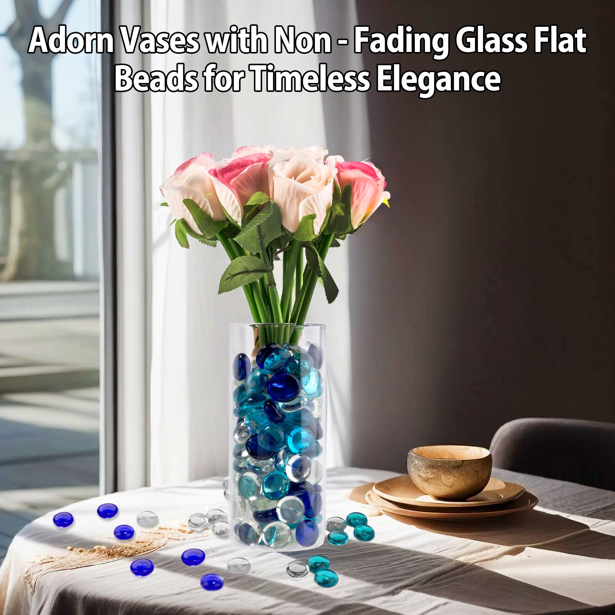 Meschett 0.44KG Mixed Blue Glass Marbles,Transparent and Smooth Flat Glass Beads for Vases,Mosaic Gem Pebbles for Aquarium Decor,Floral Arrangements,Mancala Stones,Vase Filler and Crafts - Image 2