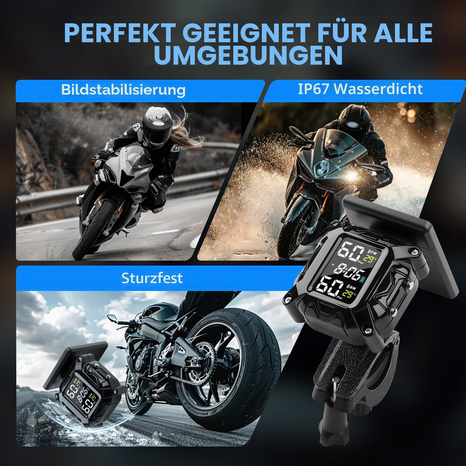 TPMS Motorrad Reifendruckkontrollsystem, Wasserdicht Magnetische/Solar Aufladung, mit 2 Externen Sensoren, für Motorräder, Bike, ATV und Zweirädriges